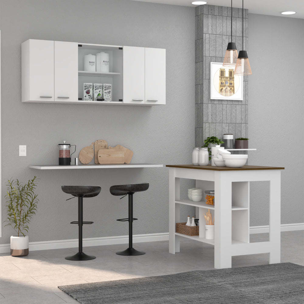 Norfolk 2 Piece Kitchen Set, Kitchen Island + Upper Wall Cabinet , White /Walnut - Divine Heart L.A.