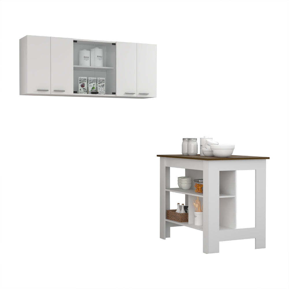 Norfolk 2 Piece Kitchen Set, Kitchen Island + Upper Wall Cabinet , White /Walnut - Divine Heart L.A.