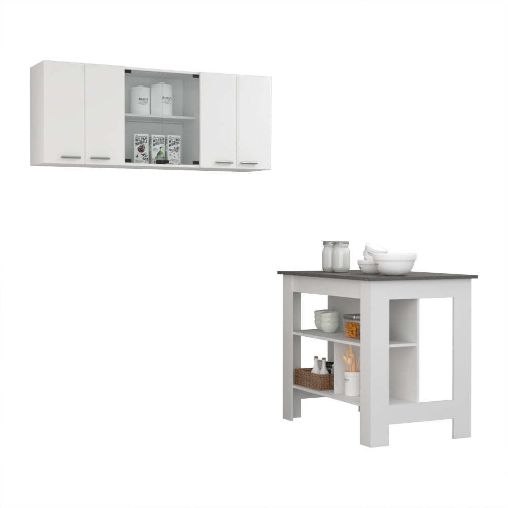 Norfolk 2 Piece Kitchen Set, Kitchen Island + Upper Wall Cabinet , White /Walnut - Divine Heart L.A.