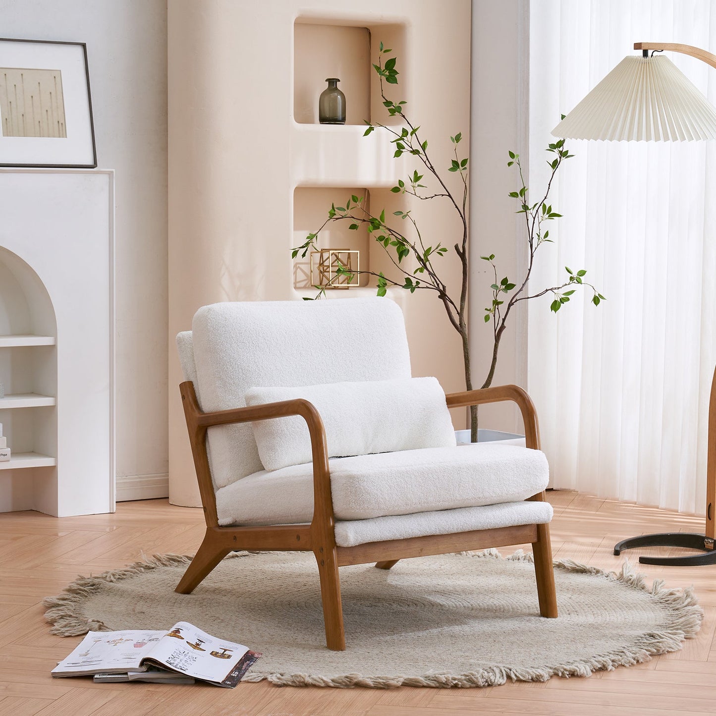 Oak Armrest Oak Upholstered Teddy Velvet Single Lounge Chair Indoor Lounge Chair Off-White - Divine Heart L.A.