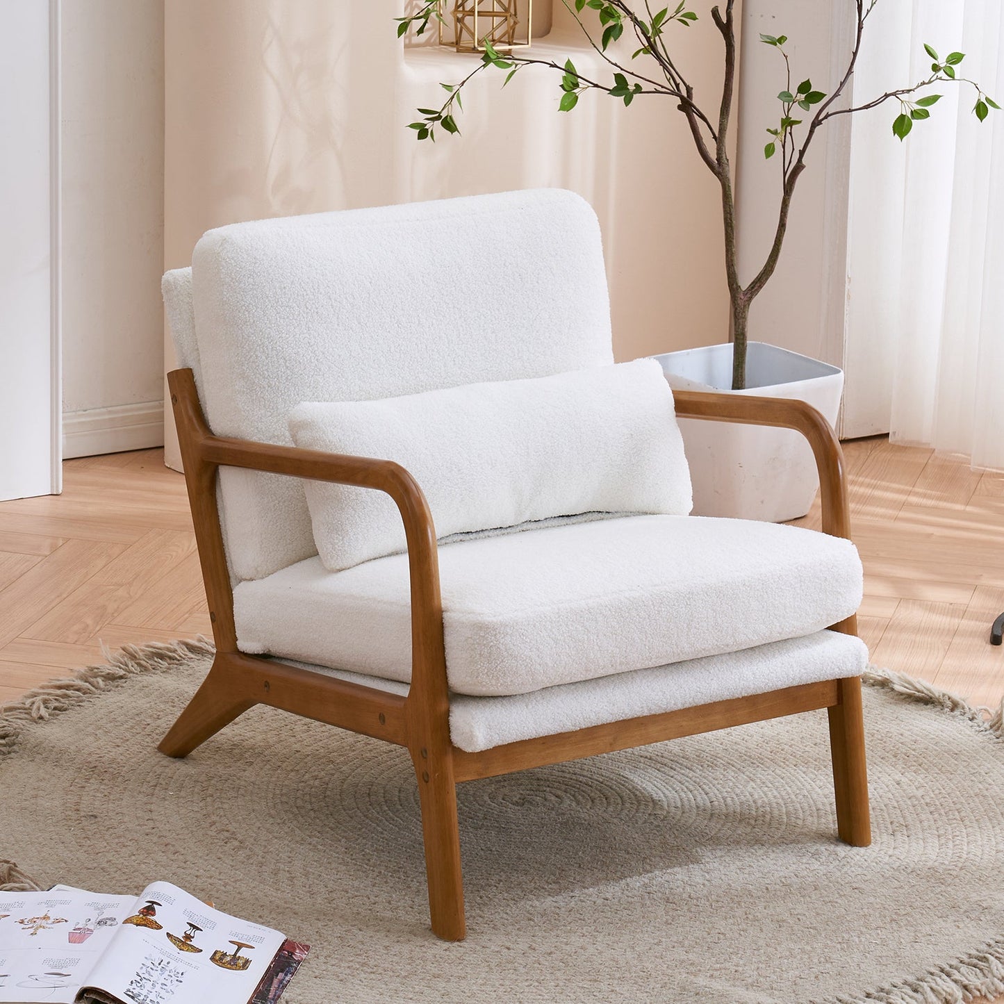 Oak Armrest Oak Upholstered Teddy Velvet Single Lounge Chair Indoor Lounge Chair Off-White - Divine Heart L.A.