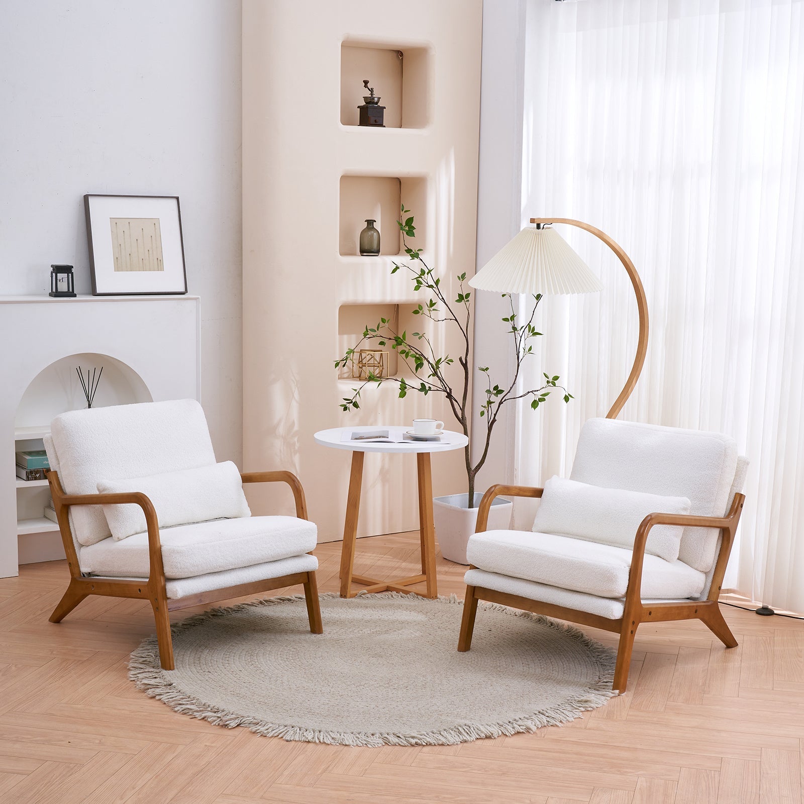 Oak Armrest Oak Upholstered Teddy Velvet Single Lounge Chair Indoor Lounge Chair Off-White - Divine Heart L.A.