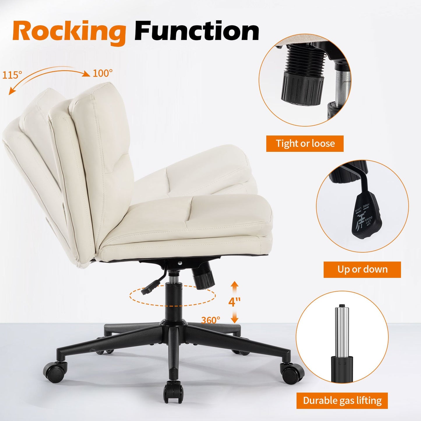 Office Chair Armless Desk Chair with Wheels, PU Padded Wide Seat Home Office Chairs, 120° Rocking Mid Back Cute Computer Chair for Bedroom, Vanity, Makeup - Divine Heart L.A.