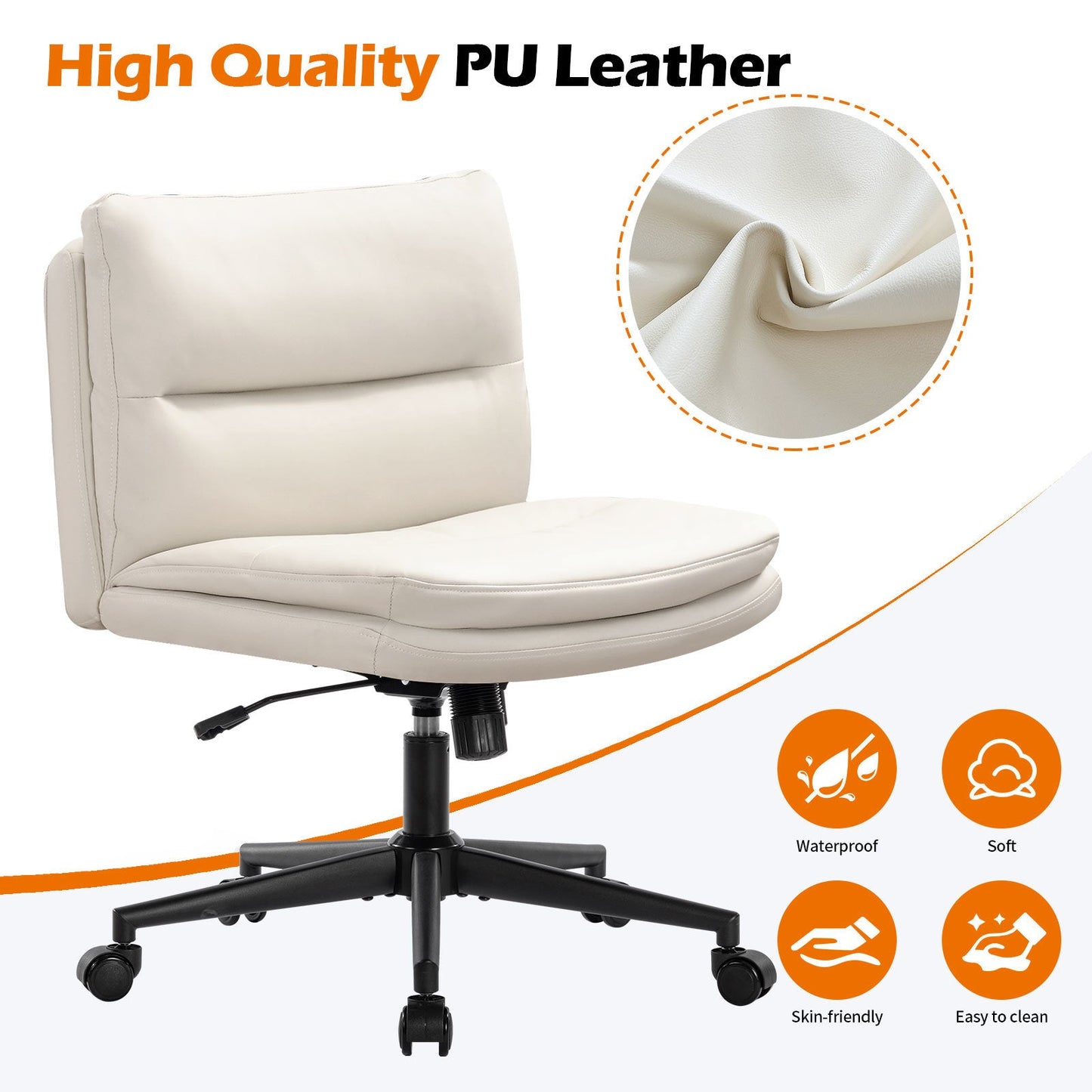 Office Chair Armless Desk Chair with Wheels, PU Padded Wide Seat Home Office Chairs, 120° Rocking Mid Back Cute Computer Chair for Bedroom, Vanity, Makeup - Divine Heart L.A.