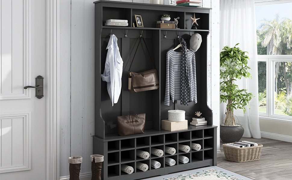 ON-TREND Modern Style Multiple Functions Hallway Coat Rack with Metal Black Hooks; Entryway Bench 60\" Wide Hall Tree with Ample Storage Space and 24 Shoe Cubbies ; White - Divine Heart L.A.