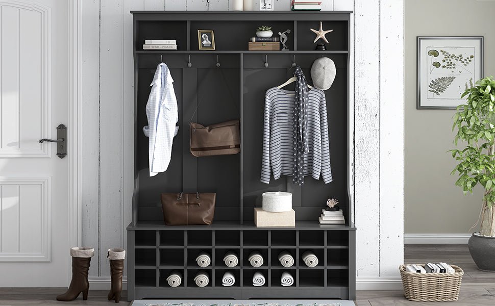 ON-TREND Modern Style Multiple Functions Hallway Coat Rack with Metal Black Hooks; Entryway Bench 60\" Wide Hall Tree with Ample Storage Space and 24 Shoe Cubbies ; White - Divine Heart L.A.