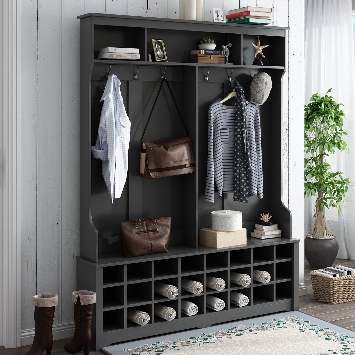 ON-TREND Modern Style Multiple Functions Hallway Coat Rack with Metal Black Hooks; Entryway Bench 60\" Wide Hall Tree with Ample Storage Space and 24 Shoe Cubbies ; White - Divine Heart L.A.