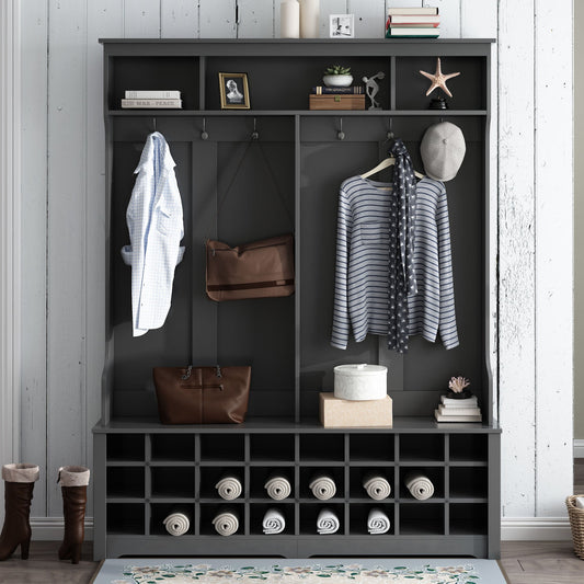 ON-TREND Modern Style Multiple Functions Hallway Coat Rack with Metal Black Hooks; Entryway Bench 60\" Wide Hall Tree with Ample Storage Space and 24 Shoe Cubbies ; White - Divine Heart L.A.