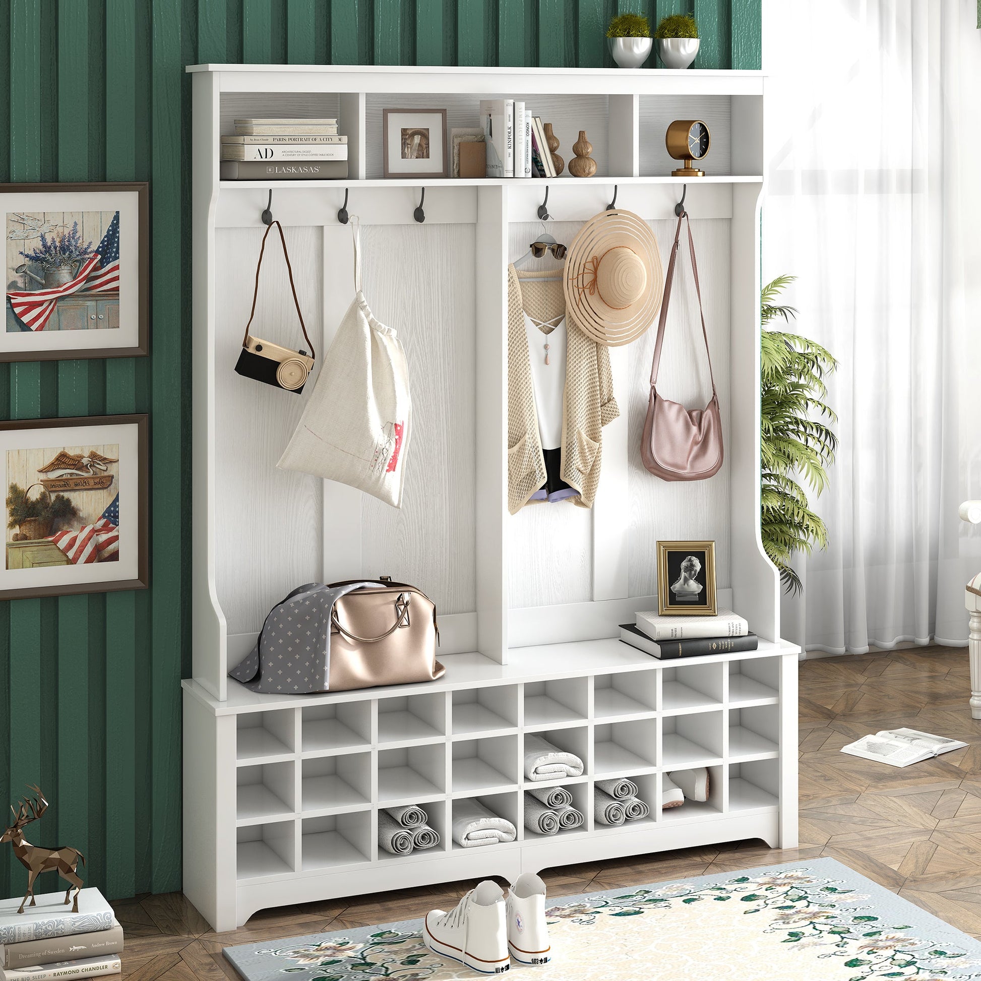 ON-TREND Modern Style Multiple Functions Hallway Coat Rack with Metal Black Hooks; Entryway Bench 60\" Wide Hall Tree with Ample Storage Space and 24 Shoe Cubbies ; White - Divine Heart L.A.