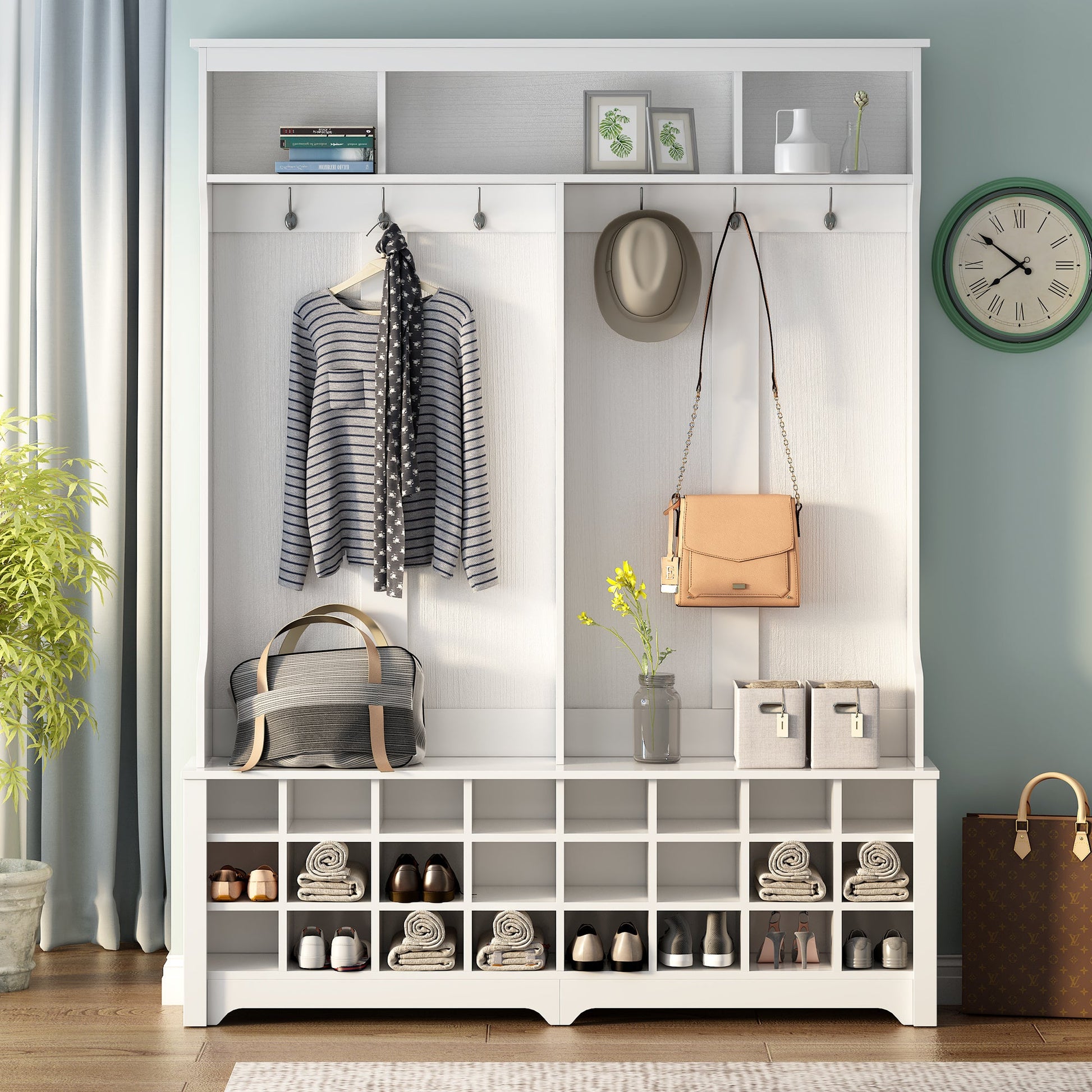 ON-TREND Modern Style Multiple Functions Hallway Coat Rack with Metal Black Hooks; Entryway Bench 60\" Wide Hall Tree with Ample Storage Space and 24 Shoe Cubbies ; White - Divine Heart L.A.