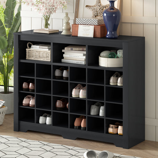 ON - TREND Sleek Design 24 Shoe Cubby Console, Modern Shoe Cabinet with Curved Base, Versatile Sideboard with High - quality for Hallway, Bedroom, Living Room, Black - Divine Heart L.A.