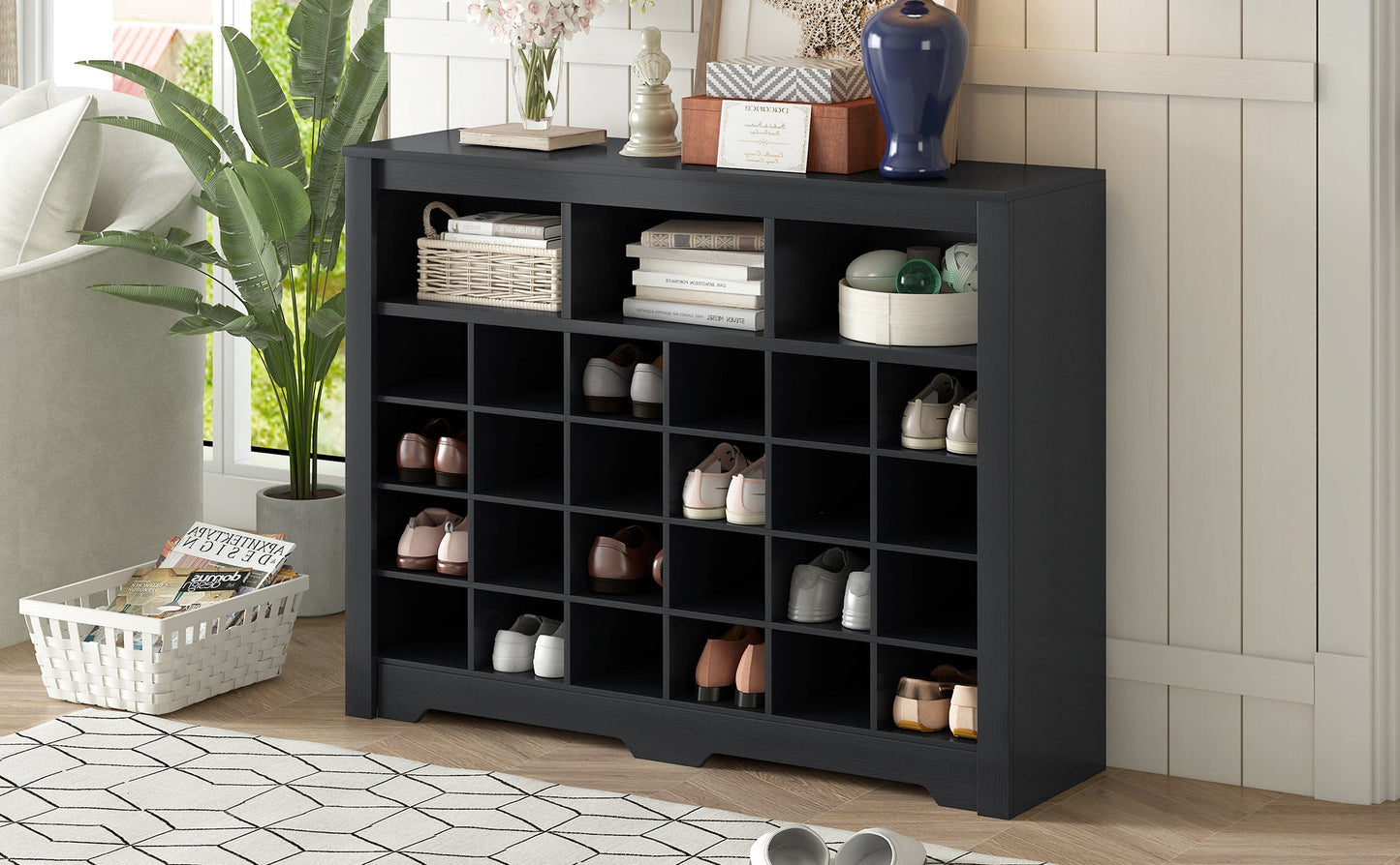 ON - TREND Sleek Design 24 Shoe Cubby Console, Modern Shoe Cabinet with Curved Base, Versatile Sideboard with High - quality for Hallway, Bedroom, Living Room, Black - Divine Heart L.A.