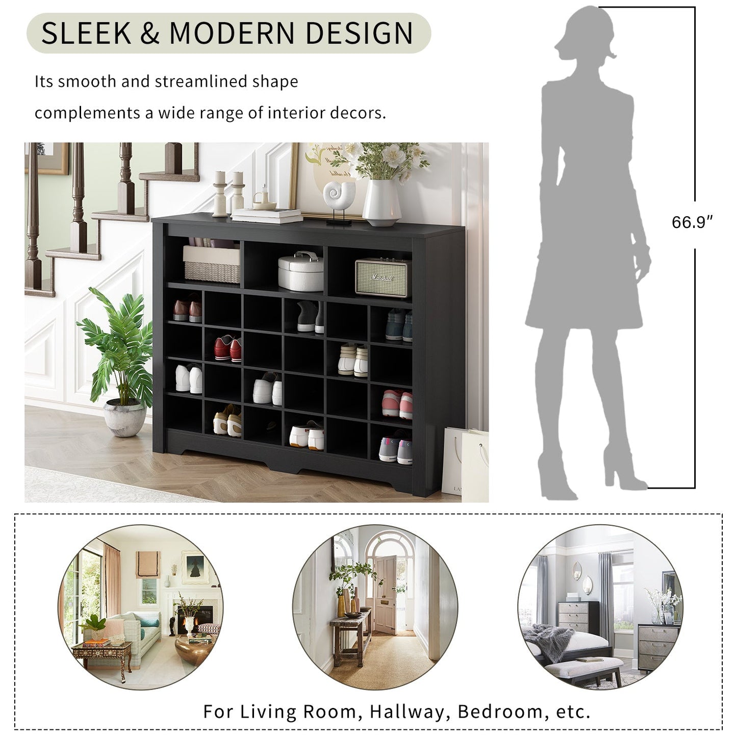 ON - TREND Sleek Design 24 Shoe Cubby Console, Modern Shoe Cabinet with Curved Base, Versatile Sideboard with High - quality for Hallway, Bedroom, Living Room, Black - Divine Heart L.A.