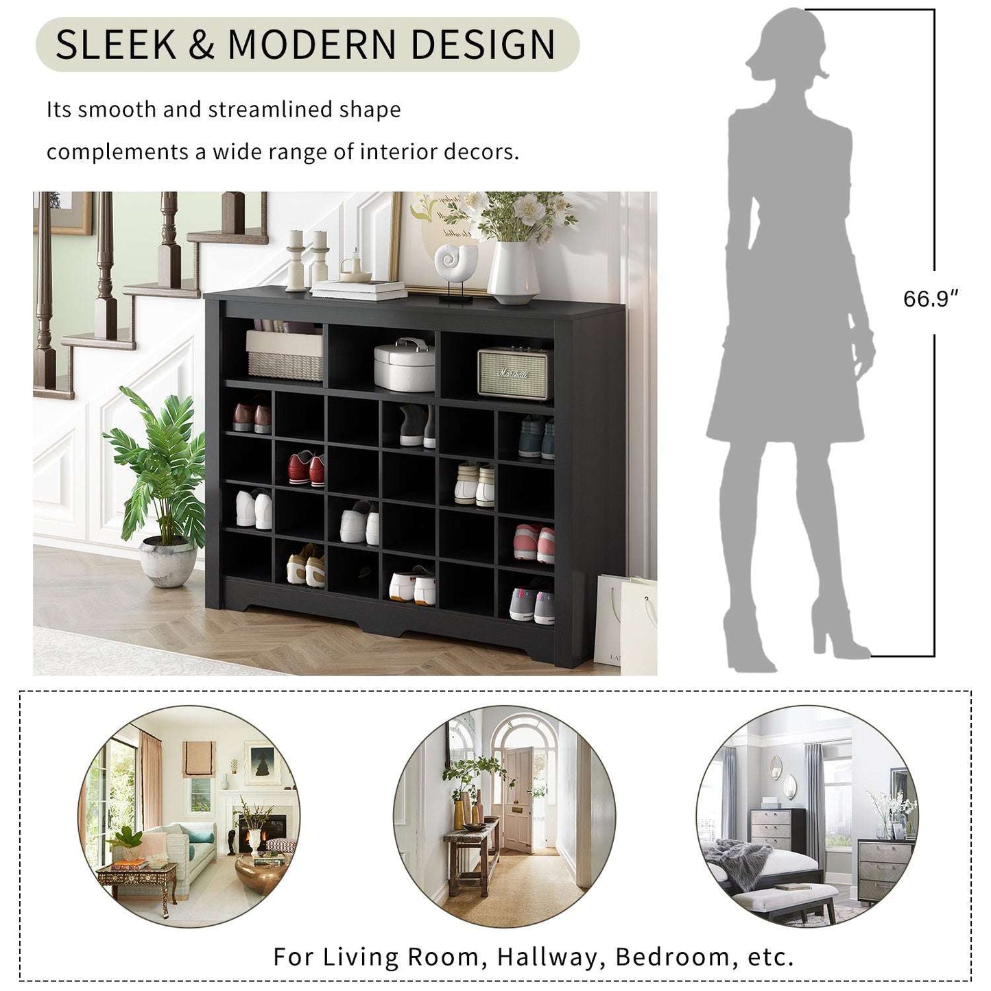 ON - TREND Sleek Design 24 Shoe Cubby Console, Modern Shoe Cabinet with Curved Base, Versatile Sideboard with High - quality for Hallway, Bedroom, Living Room, Black - Divine Heart L.A.