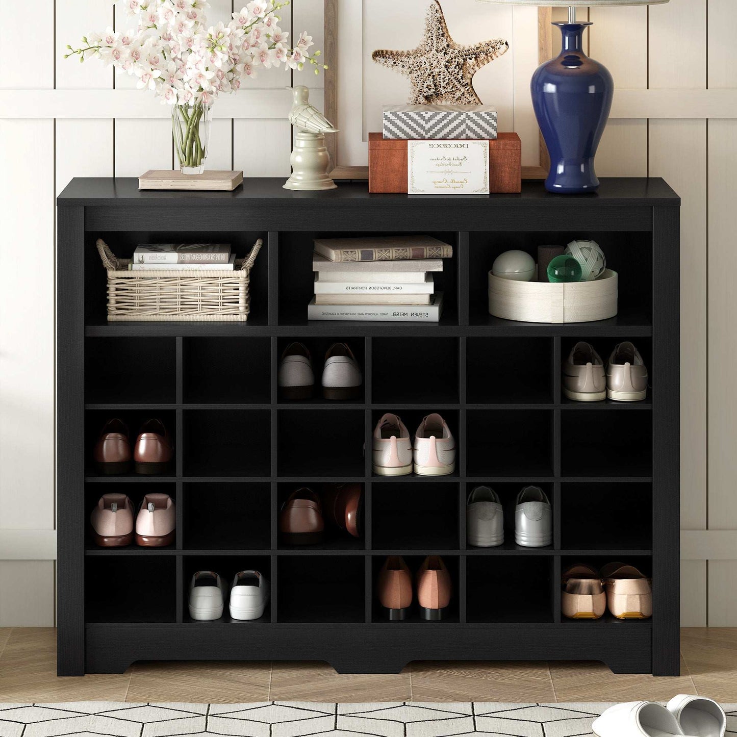 ON - TREND Sleek Design 24 Shoe Cubby Console, Modern Shoe Cabinet with Curved Base, Versatile Sideboard with High - quality for Hallway, Bedroom, Living Room, Black - Divine Heart L.A.