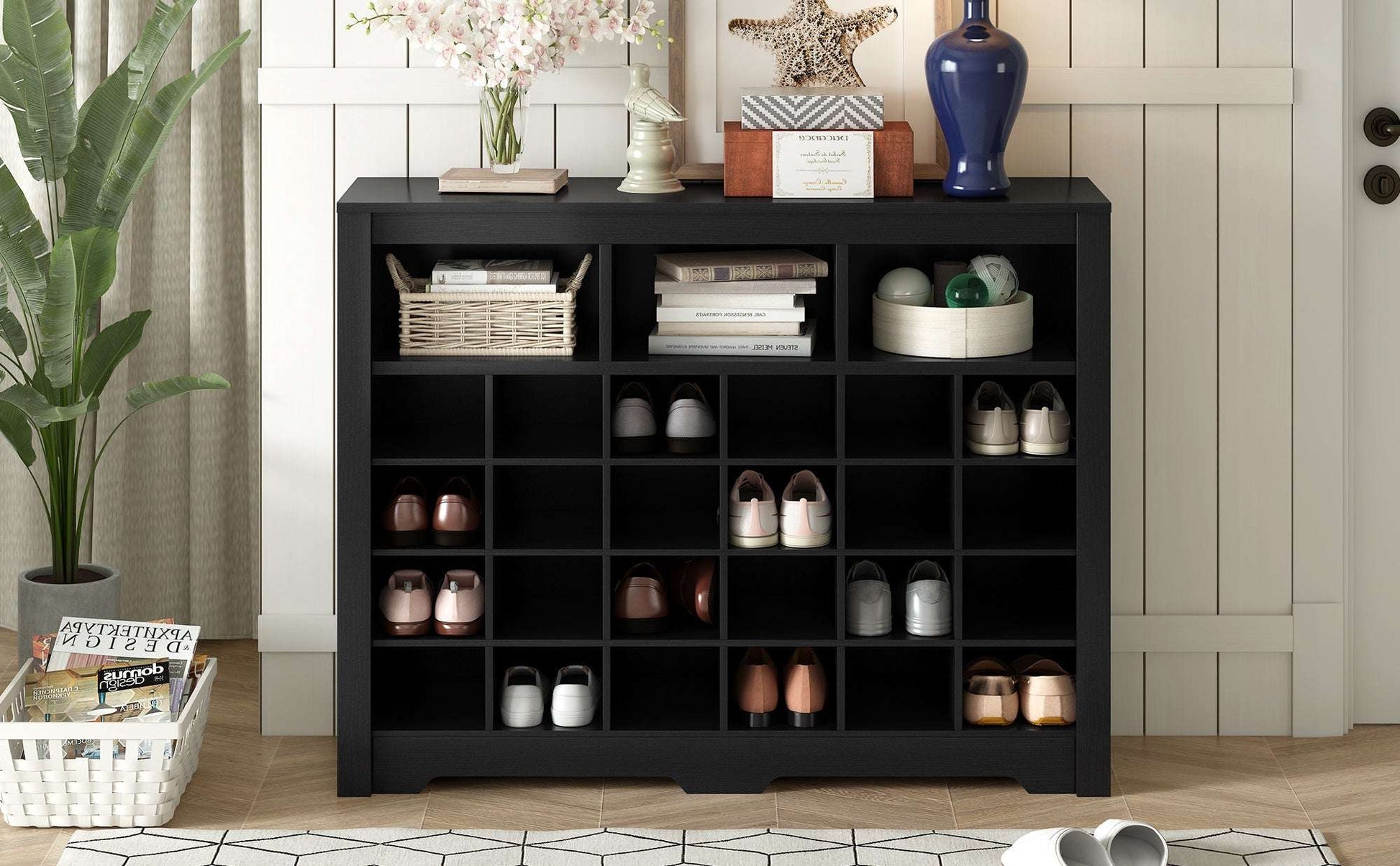 ON - TREND Sleek Design 24 Shoe Cubby Console, Modern Shoe Cabinet with Curved Base, Versatile Sideboard with High - quality for Hallway, Bedroom, Living Room, Black - Divine Heart L.A.