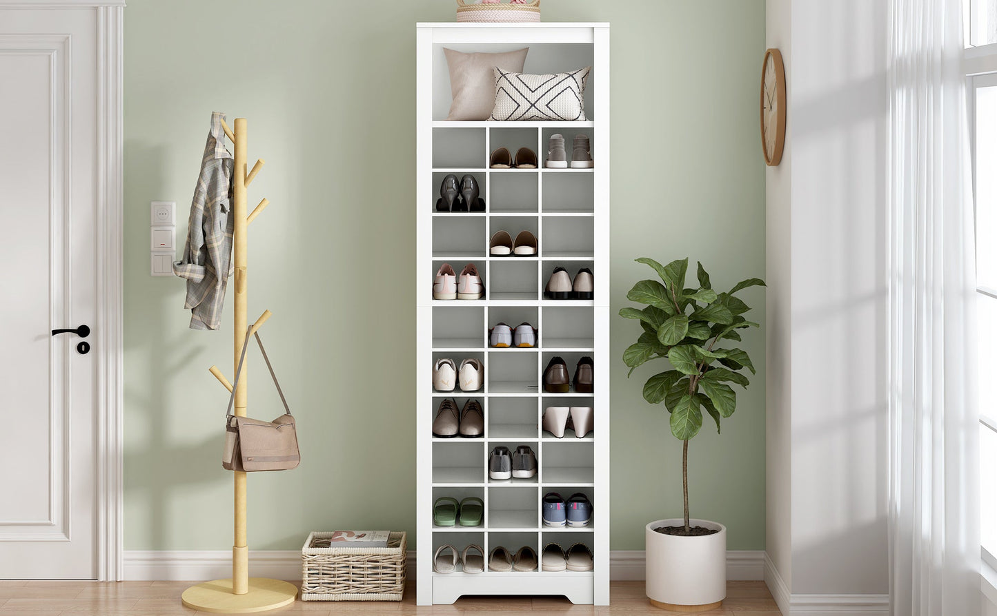 ON - TREND Stylish Design 30 Shoe Cubby Console, Contemporary Shoe Cabinet with Multiple Storage Capacity, Free Standing Tall Cabinet with Versatile Use for Hallway, Bedroom, White - Divine Heart L.A.