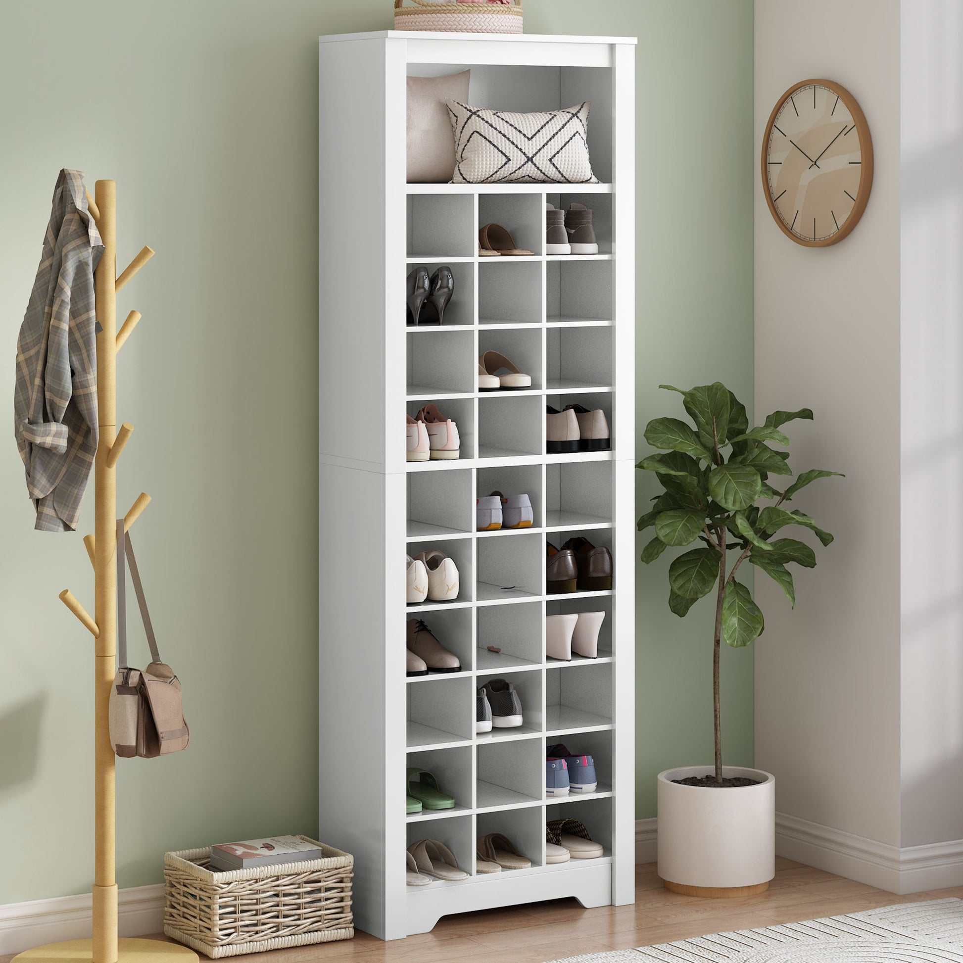 ON - TREND Stylish Design 30 Shoe Cubby Console, Contemporary Shoe Cabinet with Multiple Storage Capacity, Free Standing Tall Cabinet with Versatile Use for Hallway, Bedroom, White - Divine Heart L.A.