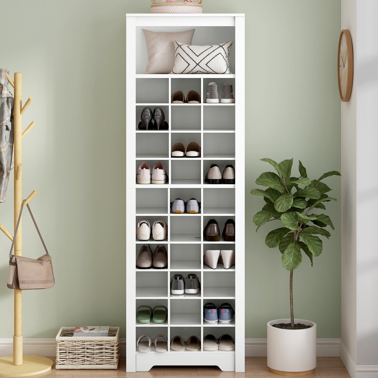 ON - TREND Stylish Design 30 Shoe Cubby Console, Contemporary Shoe Cabinet with Multiple Storage Capacity, Free Standing Tall Cabinet with Versatile Use for Hallway, Bedroom, White - Divine Heart L.A.