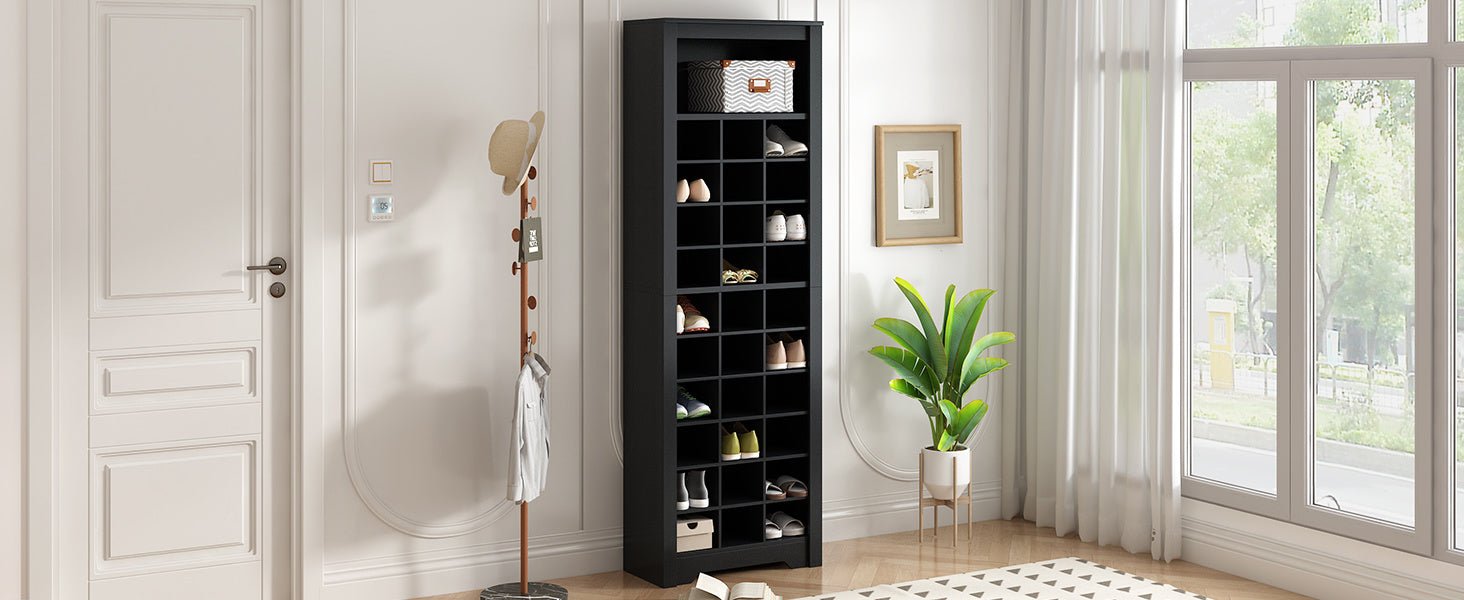 ON - TREND Stylish Design 30 Shoe Cubby Console, Contemporary Shoe Cabinet with Multiple Storage Capacity, Free Standing Tall Cabinet with Versatile Use for Hallway, Bedroom, Black - Divine Heart L.A.