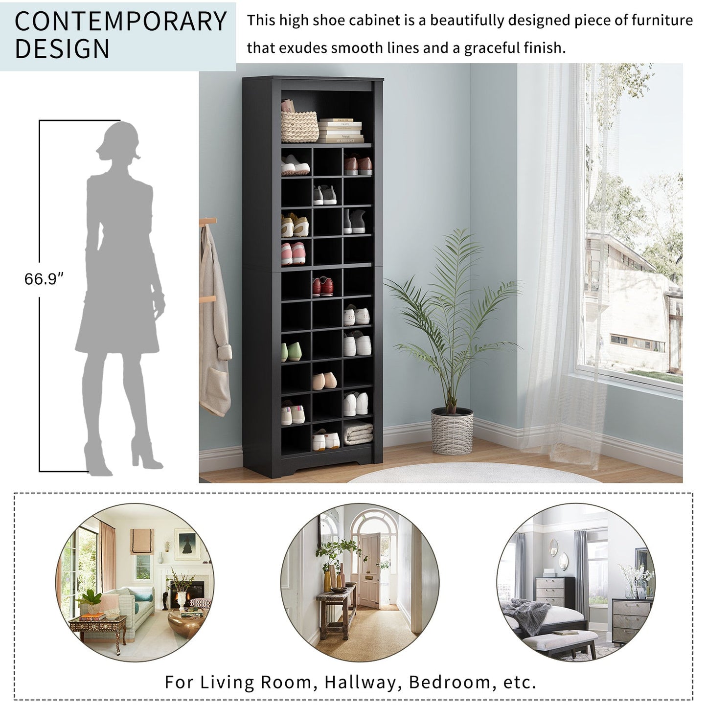 ON - TREND Stylish Design 30 Shoe Cubby Console, Contemporary Shoe Cabinet with Multiple Storage Capacity, Free Standing Tall Cabinet with Versatile Use for Hallway, Bedroom, Black - Divine Heart L.A.