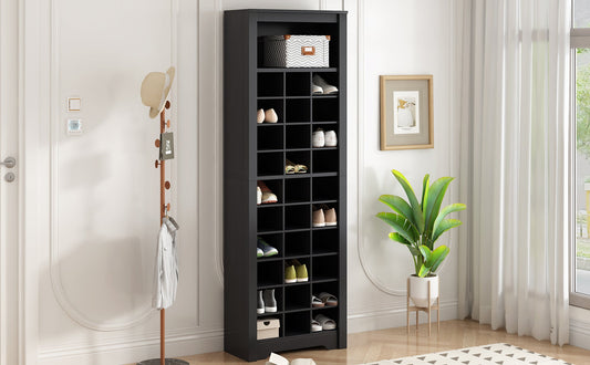 ON - TREND Stylish Design 30 Shoe Cubby Console, Contemporary Shoe Cabinet with Multiple Storage Capacity, Free Standing Tall Cabinet with Versatile Use for Hallway, Bedroom, Black - Divine Heart L.A.