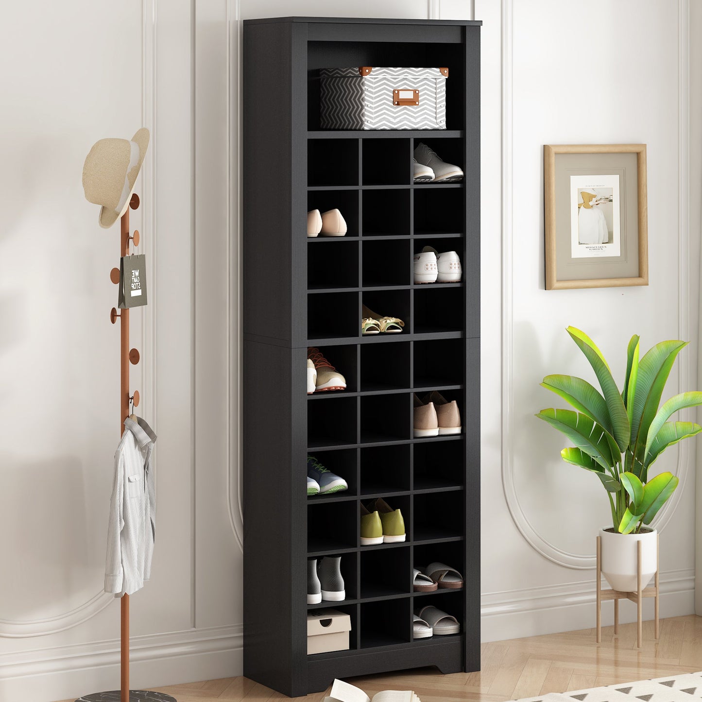 ON - TREND Stylish Design 30 Shoe Cubby Console, Contemporary Shoe Cabinet with Multiple Storage Capacity, Free Standing Tall Cabinet with Versatile Use for Hallway, Bedroom, Black - Divine Heart L.A.