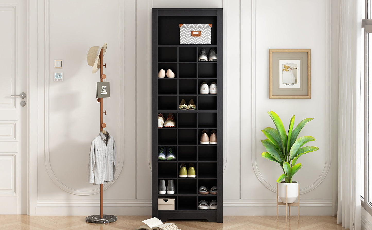 ON - TREND Stylish Design 30 Shoe Cubby Console, Contemporary Shoe Cabinet with Multiple Storage Capacity, Free Standing Tall Cabinet with Versatile Use for Hallway, Bedroom, Black - Divine Heart L.A.