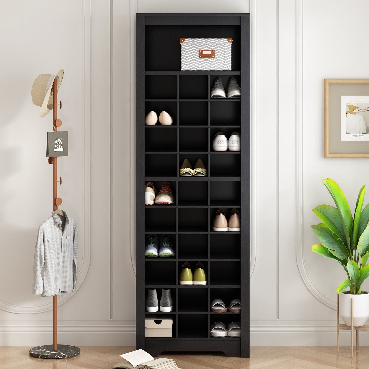 ON - TREND Stylish Design 30 Shoe Cubby Console, Contemporary Shoe Cabinet with Multiple Storage Capacity, Free Standing Tall Cabinet with Versatile Use for Hallway, Bedroom, Black - Divine Heart L.A.