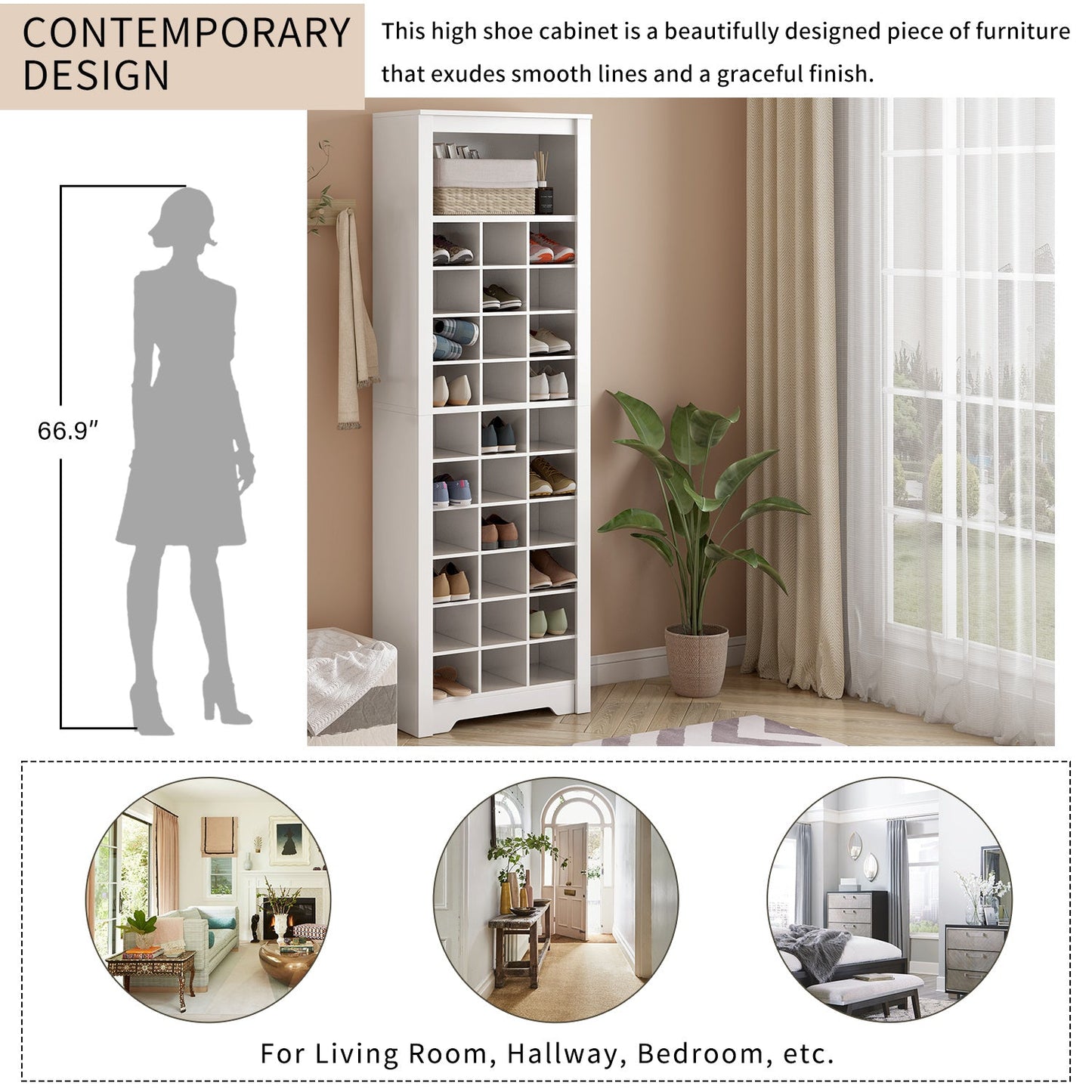 ON - TREND Stylish Design 30 Shoe Cubby Console, Contemporary Shoe Cabinet with Multiple Storage Capacity, Free Standing Tall Cabinet with Versatile Use for Hallway, Bedroom, White - Divine Heart L.A.