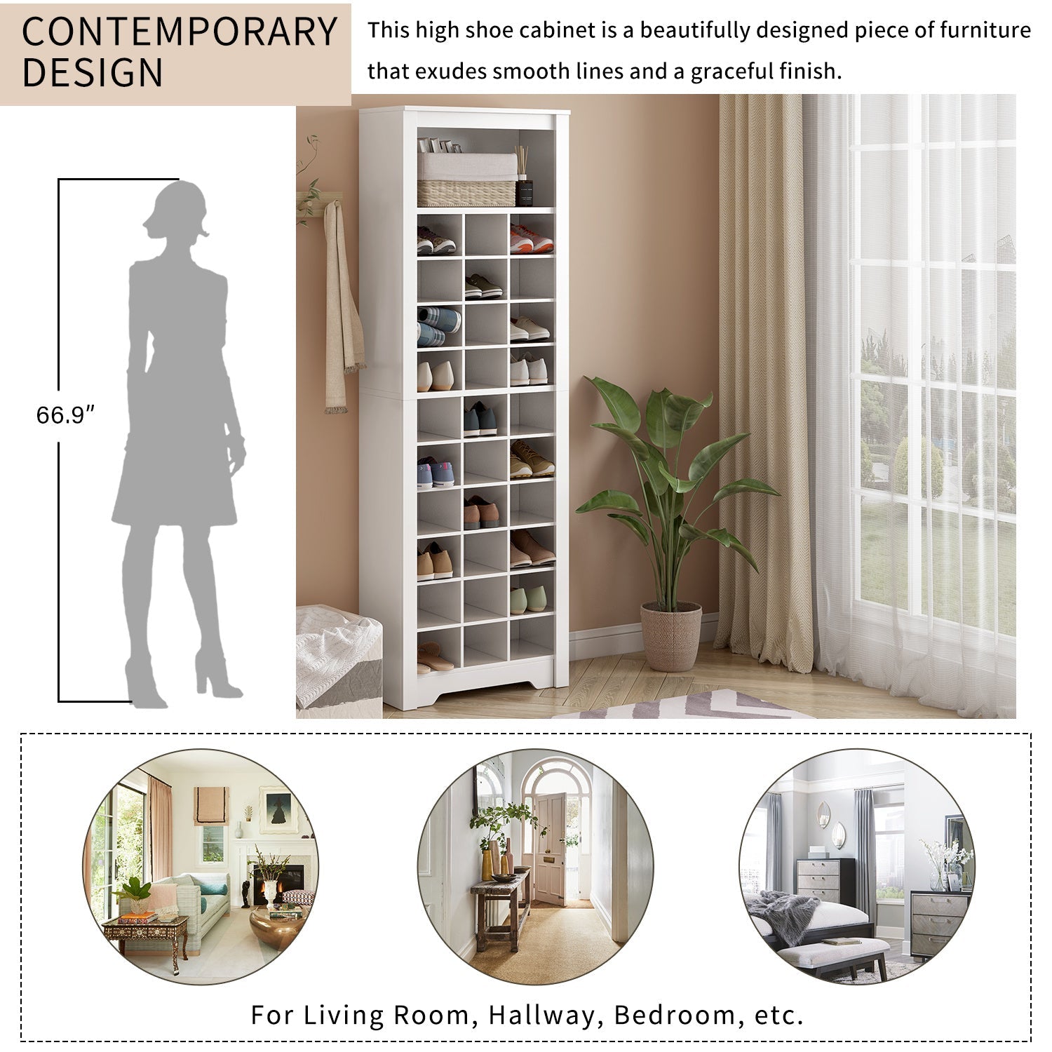 ON - TREND Stylish Design 30 Shoe Cubby Console, Contemporary Shoe Cabinet with Multiple Storage Capacity, Free Standing Tall Cabinet with Versatile Use for Hallway, Bedroom, White - Divine Heart L.A.