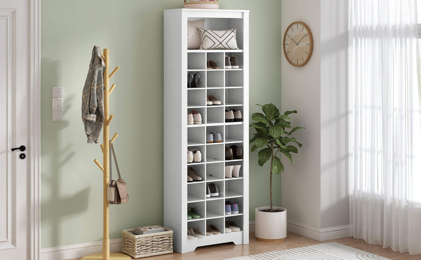 ON - TREND Stylish Design 30 Shoe Cubby Console, Contemporary Shoe Cabinet with Multiple Storage Capacity, Free Standing Tall Cabinet with Versatile Use for Hallway, Bedroom, White - Divine Heart L.A.