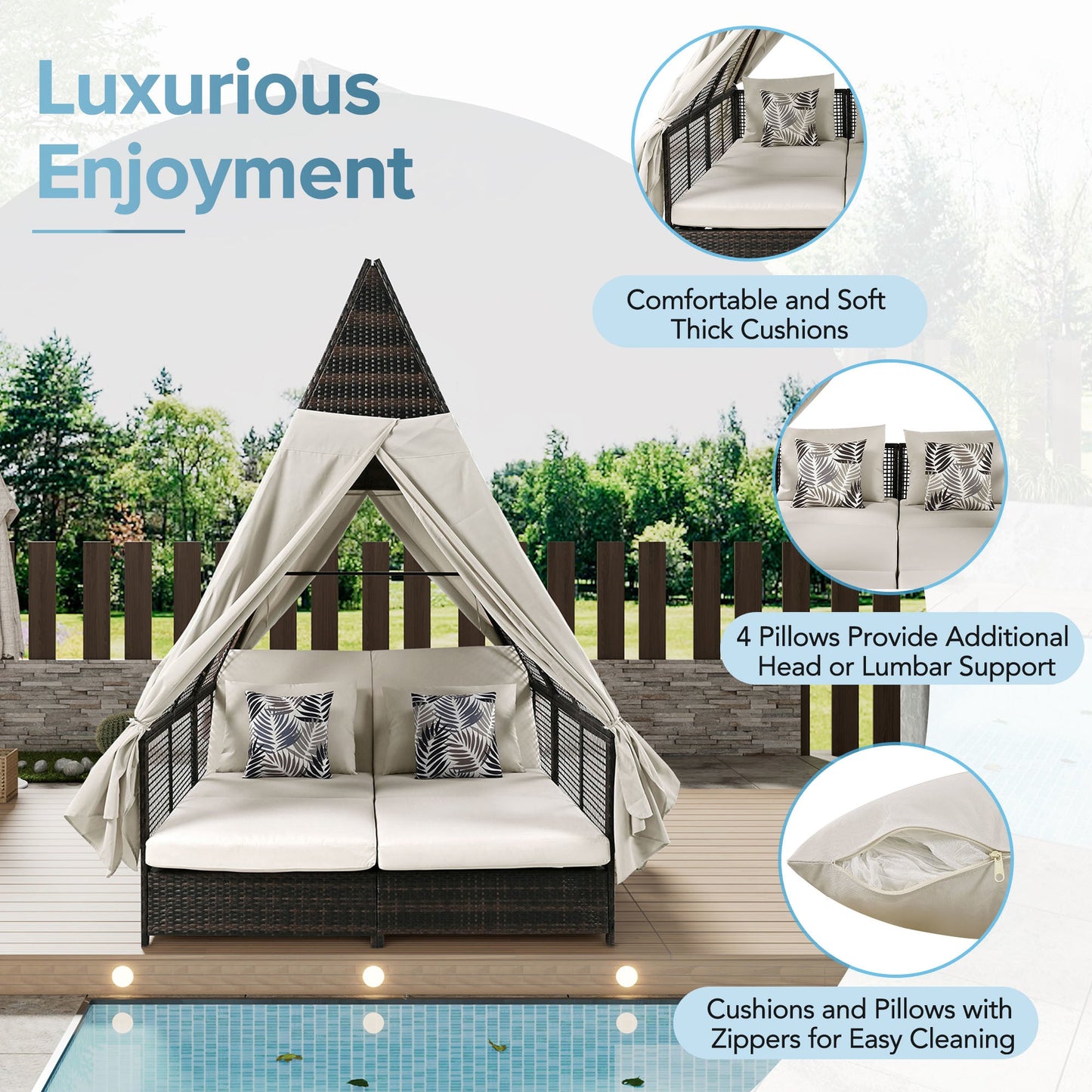 Outdoor Daybed Patio Lounge Bed with Adjustable Backrest Outdoor Double Sun Lounger with Curtains, 4 Pillows for Garden Patio Poolside Balcony Beach, Beige - Divine Heart L.A.