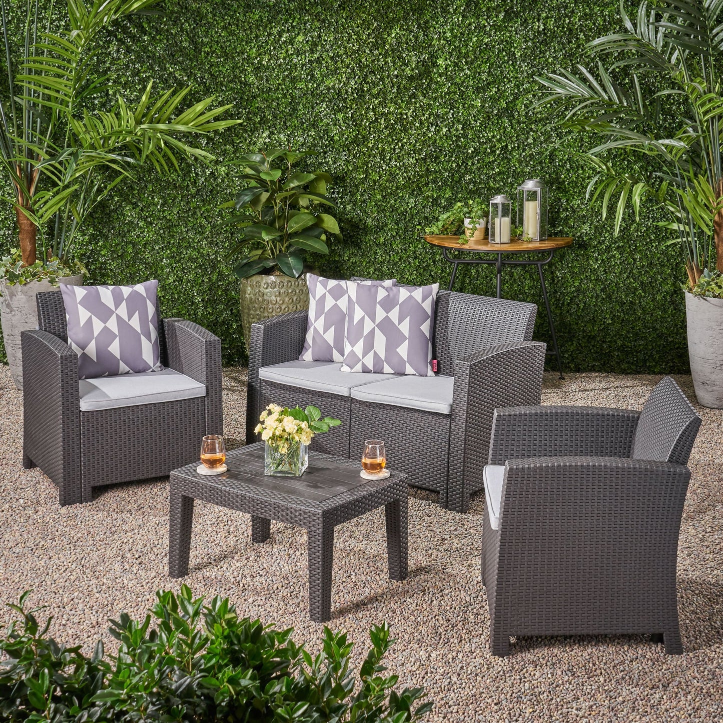 Outdoor Faux Wicker Rattan Style Chat Set with Water Resistant Cushions, 4-Pcs Set, Charcoal / Light Grey - Divine Heart L.A.