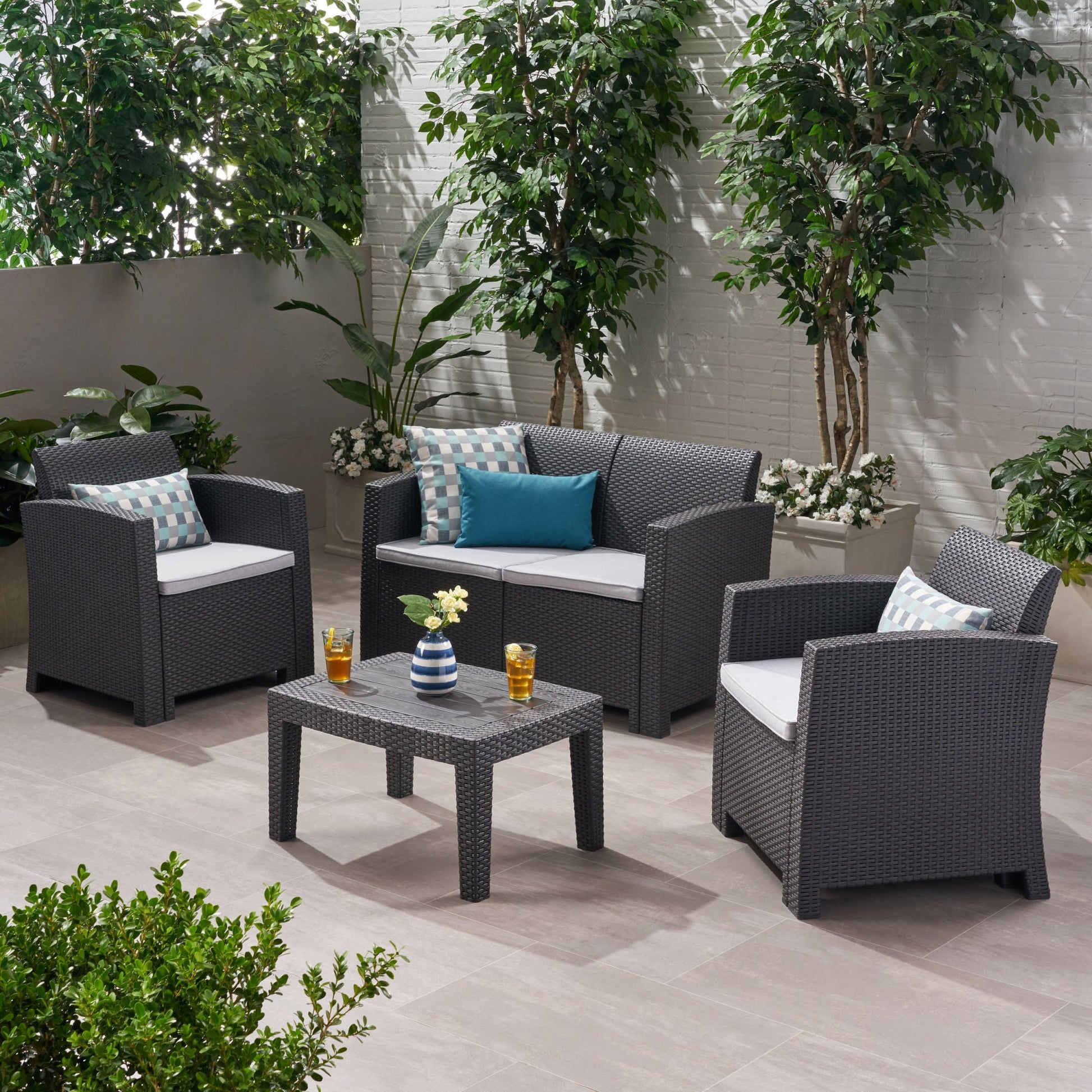 Outdoor Faux Wicker Rattan Style Chat Set with Water Resistant Cushions, 4-Pcs Set, Charcoal / Light Grey - Divine Heart L.A.