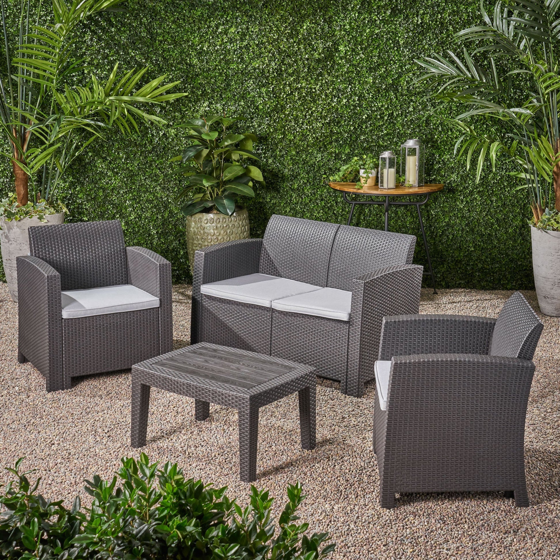 Outdoor Faux Wicker Rattan Style Chat Set with Water Resistant Cushions, 4-Pcs Set, Charcoal / Light Grey - Divine Heart L.A.