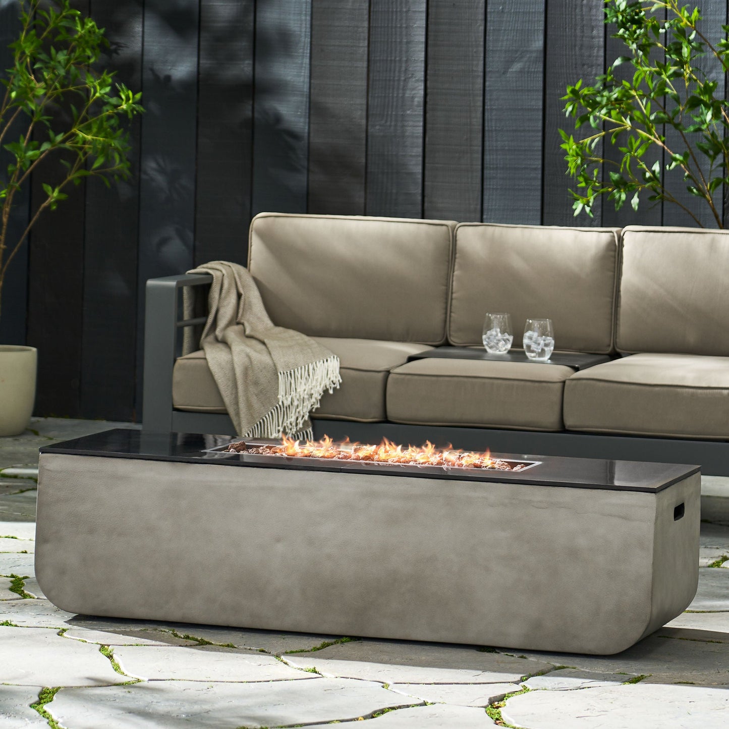 Outdoor Patio Concrete Fire table, Rectangle Gas Burning 56-Inch Fire Pit - 50, 000 BTU, Light Gray + Black - Divine Heart L.A.