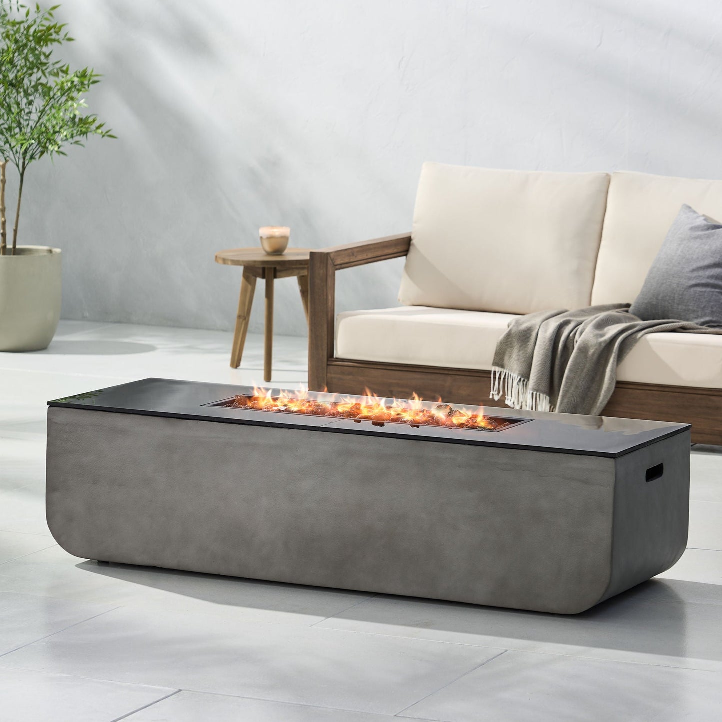 Outdoor Patio Concrete Fire table, Rectangle Gas Burning 56-Inch Fire Pit - 50, 000 BTU, Light Gray + Black - Divine Heart L.A.