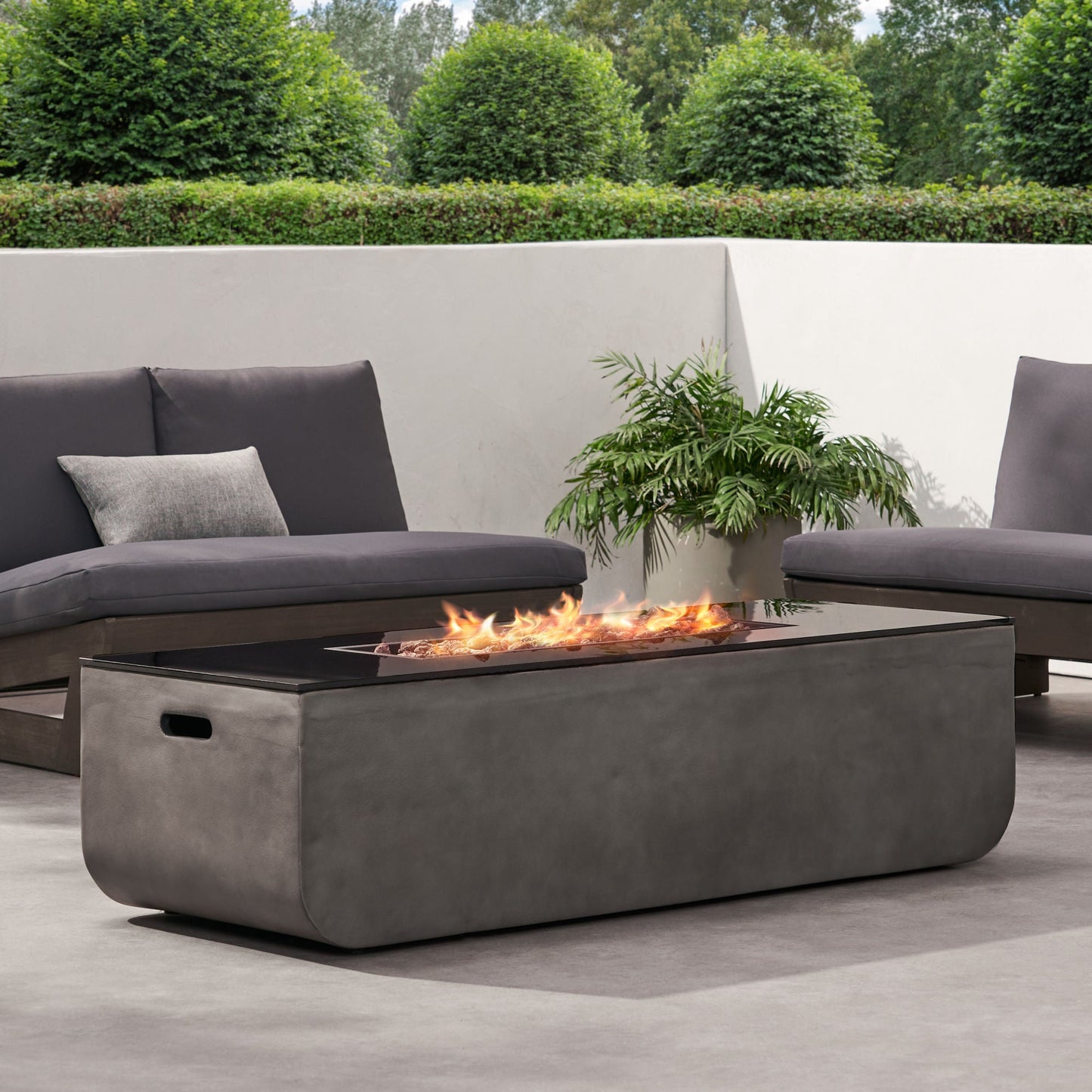 Outdoor Patio Concrete Fire table, Rectangle Gas Burning 56-Inch Fire Pit - 50, 000 BTU, Light Gray + Black - Divine Heart L.A.