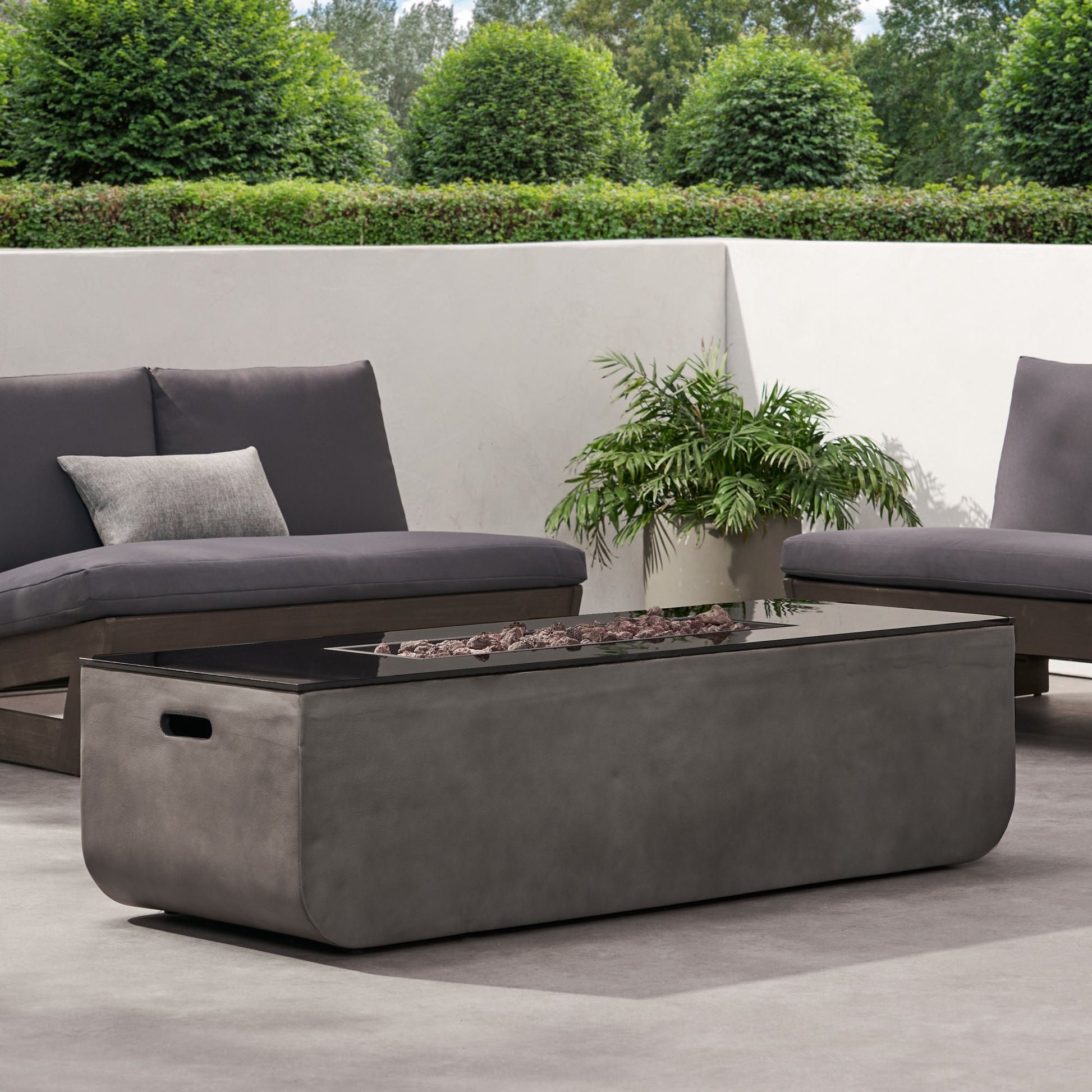 Outdoor Patio Concrete Fire table, Rectangle Gas Burning 56-Inch Fire Pit - 50, 000 BTU, Light Gray + Black - Divine Heart L.A.