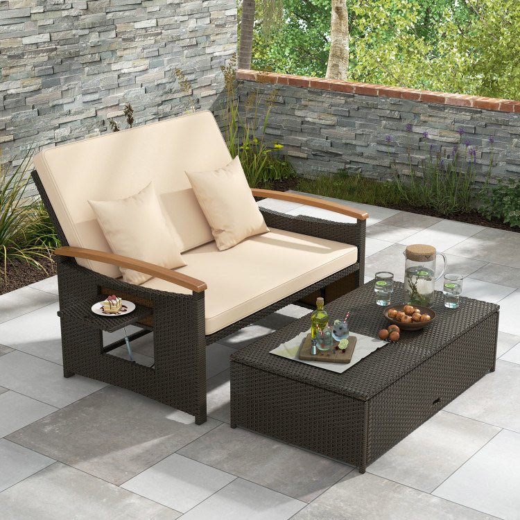 Outdoor Wicker Daybed with Folding Panels and Storage Ottoman - Divine Heart L.A.