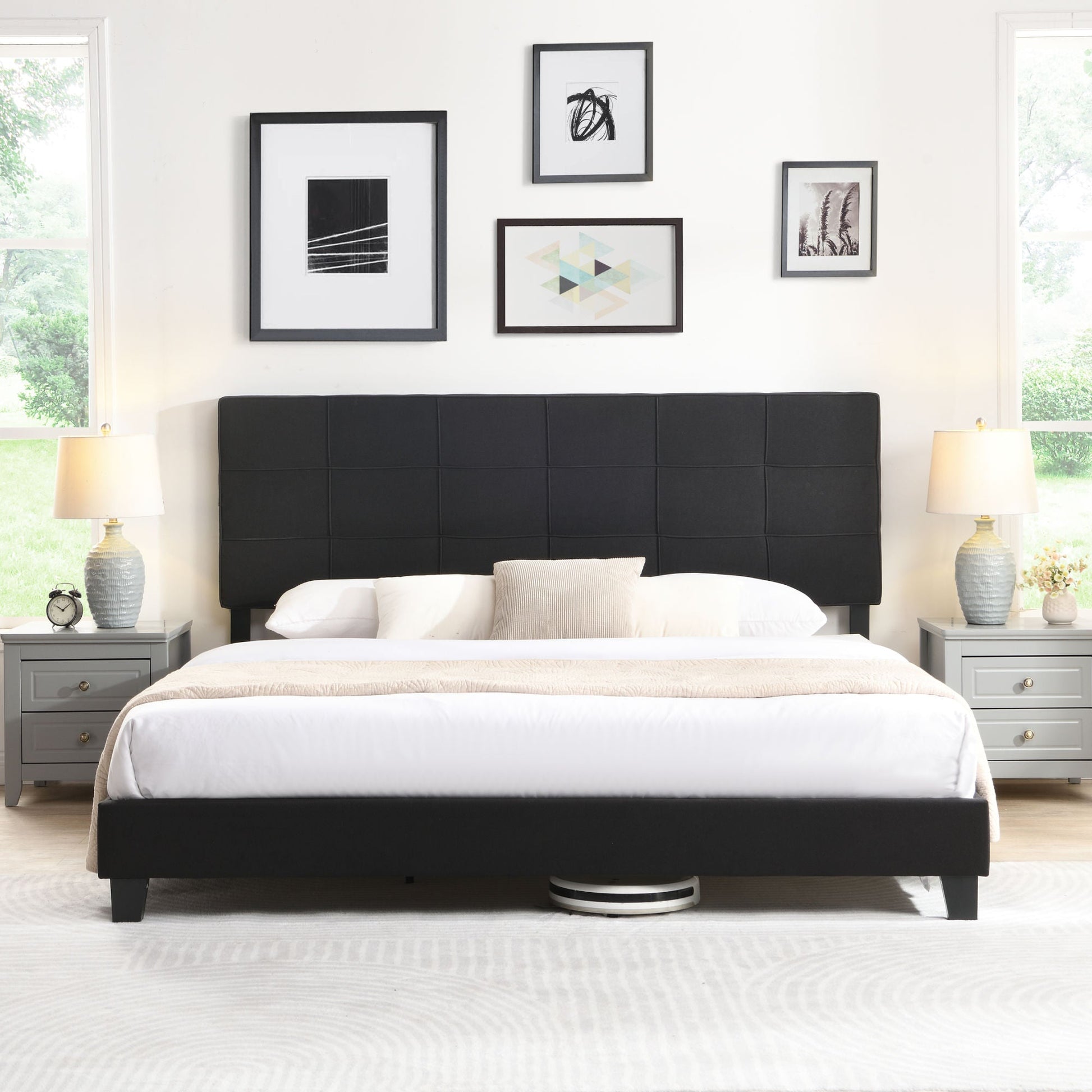 Palos Upholstered King Platform Bed Frame with Linen Headboard - Divine Heart L.A.