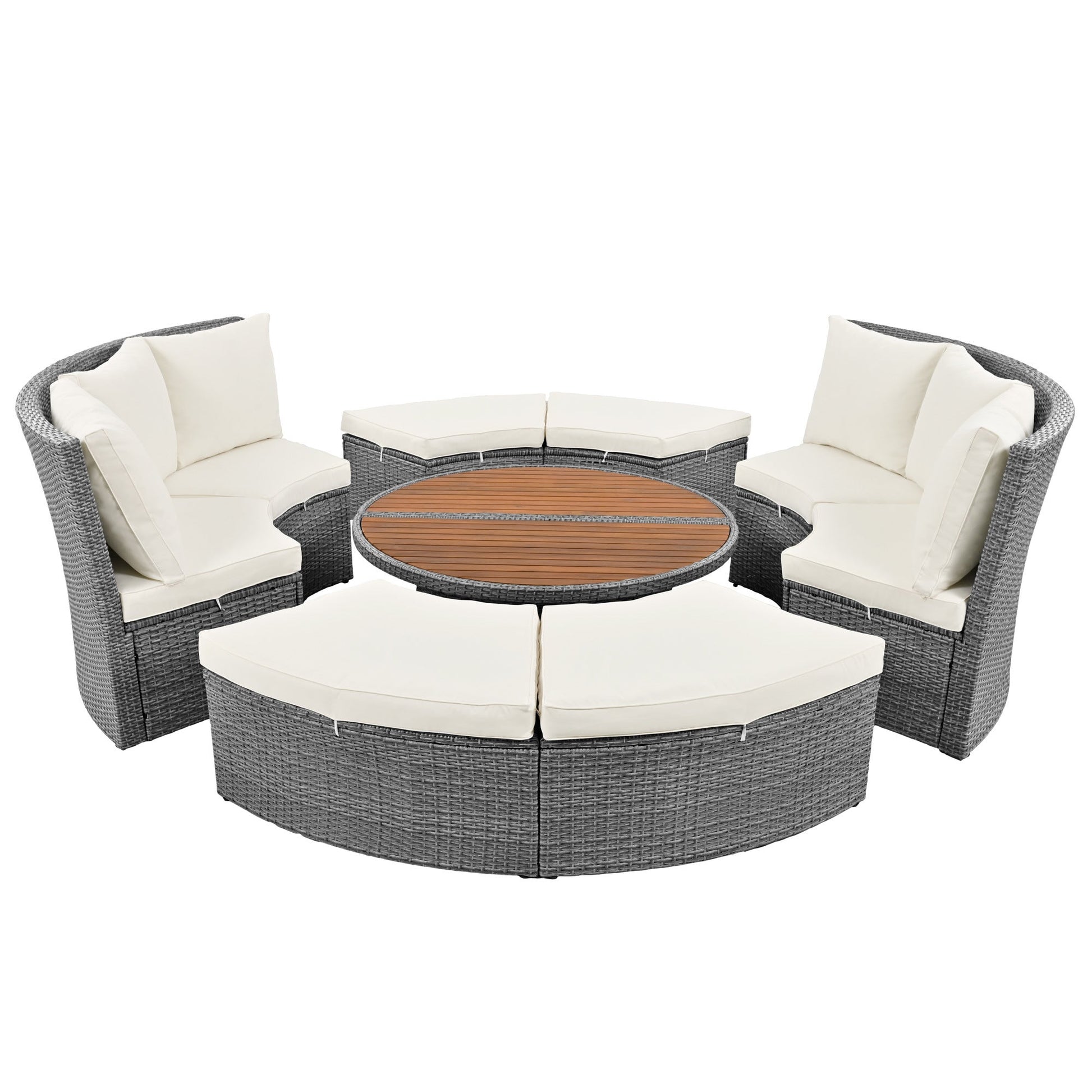 Patio 5-Piece Round Rattan Sectional Sofa Set All-Weather PE Wicker Sunbed Daybed with Round Liftable Table and Washable Cushions for Outdoor Backyard Poolside - Divine Heart L.A.