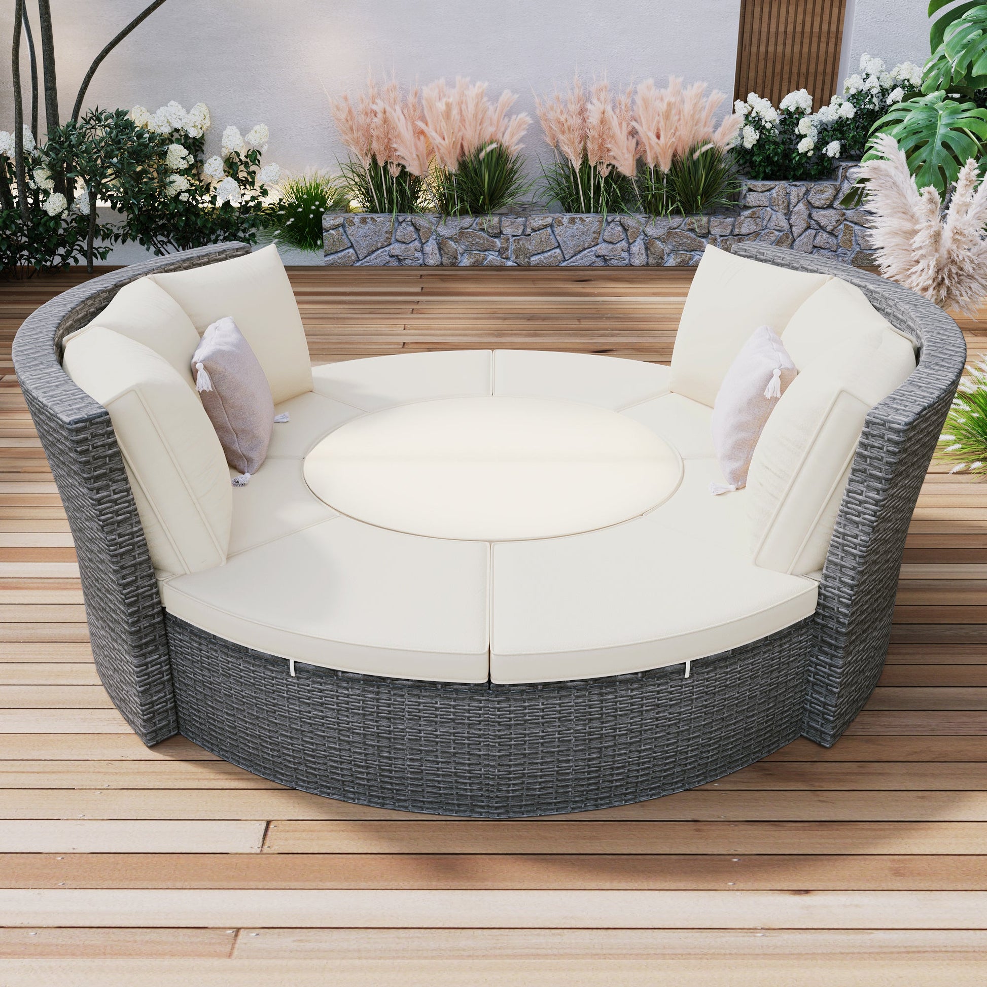 Patio 5-Piece Round Rattan Sectional Sofa Set All-Weather PE Wicker Sunbed Daybed with Round Liftable Table and Washable Cushions for Outdoor Backyard Poolside - Divine Heart L.A.