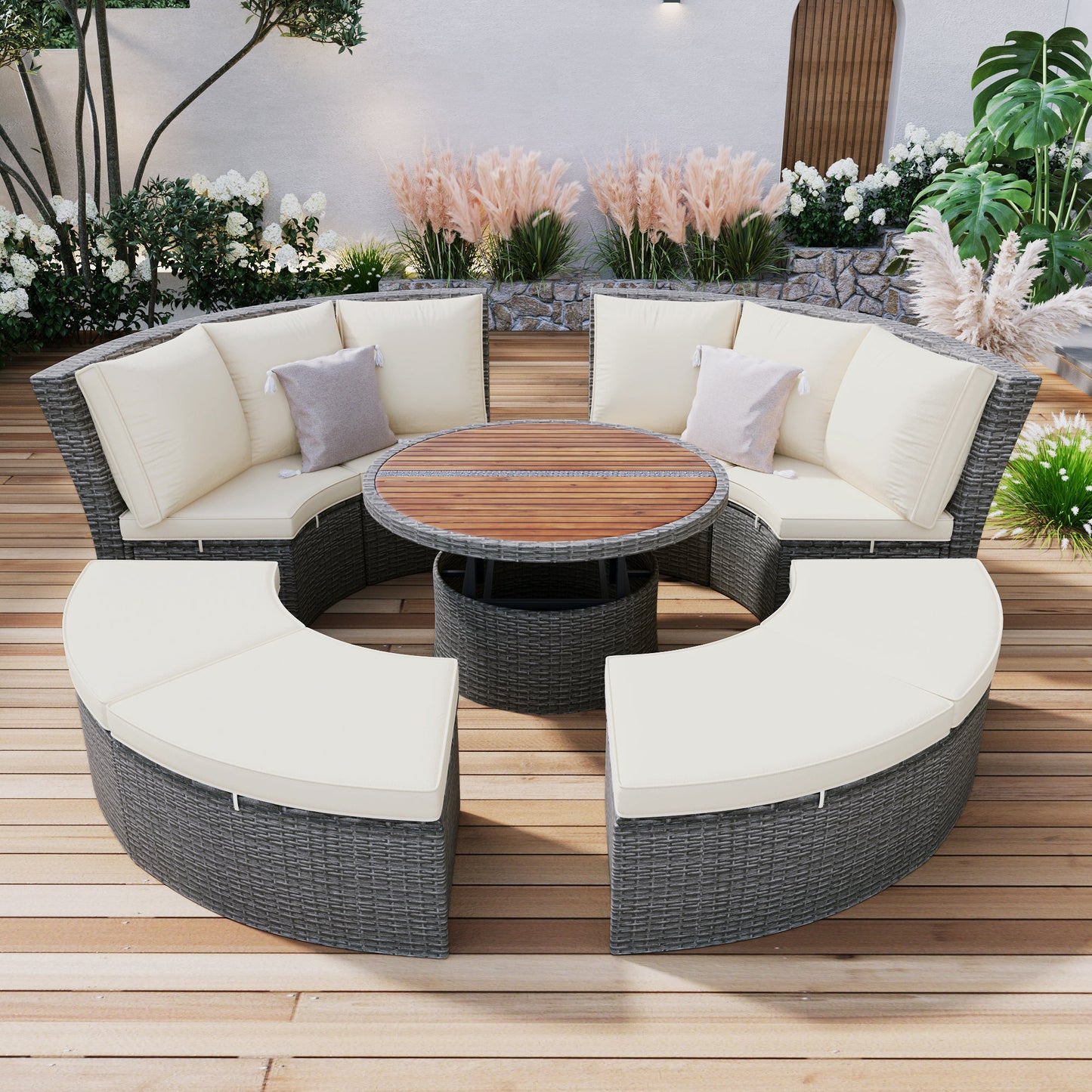 Patio 5-Piece Round Rattan Sectional Sofa Set All-Weather PE Wicker Sunbed Daybed with Round Liftable Table and Washable Cushions for Outdoor Backyard Poolside - Divine Heart L.A.