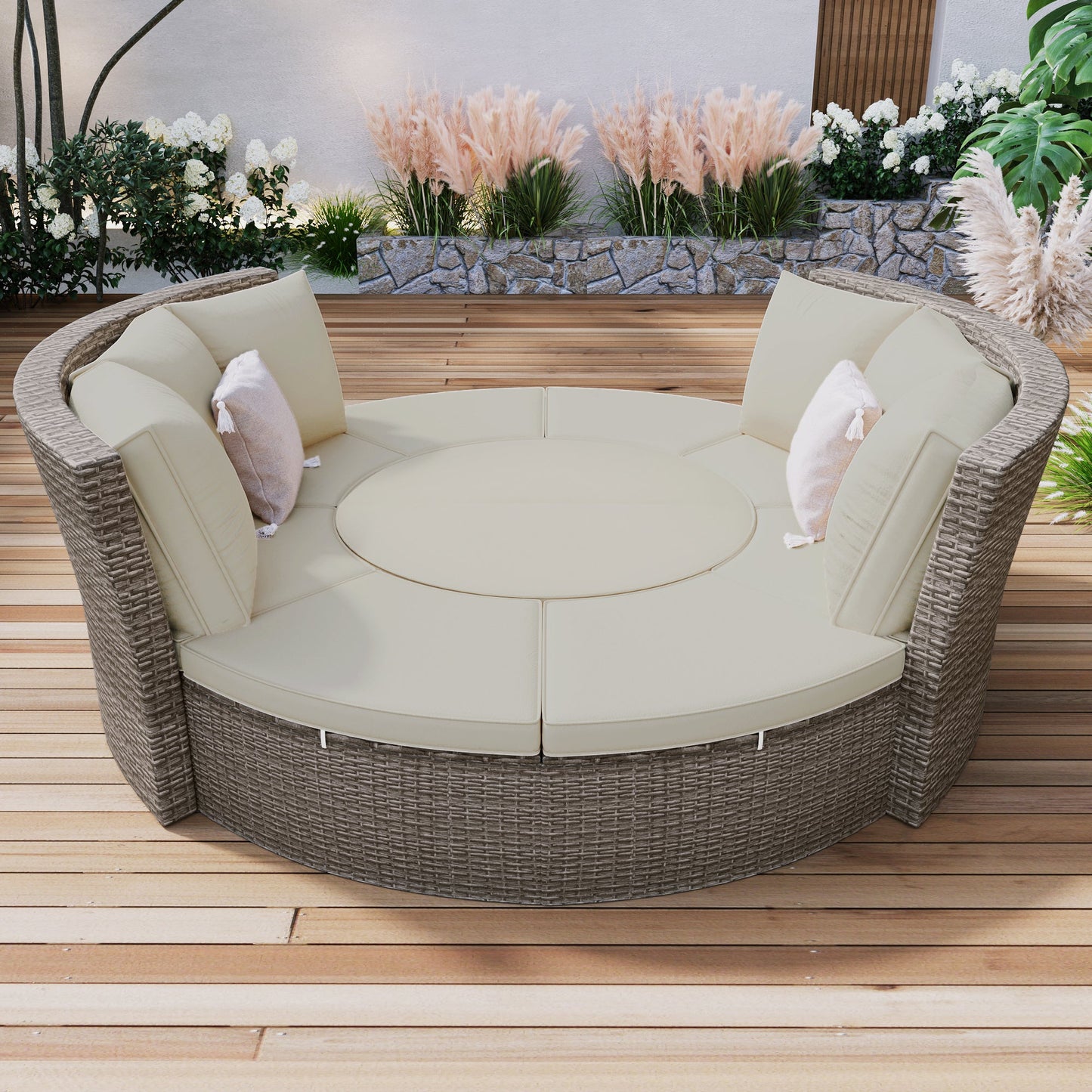 Patio 5-Piece Round Rattan Sectional Sofa Set All-Weather PE Wicker Sunbed Daybed with Round Liftable Table and Washable Cushions for Outdoor Backyard Poolside - Divine Heart L.A.