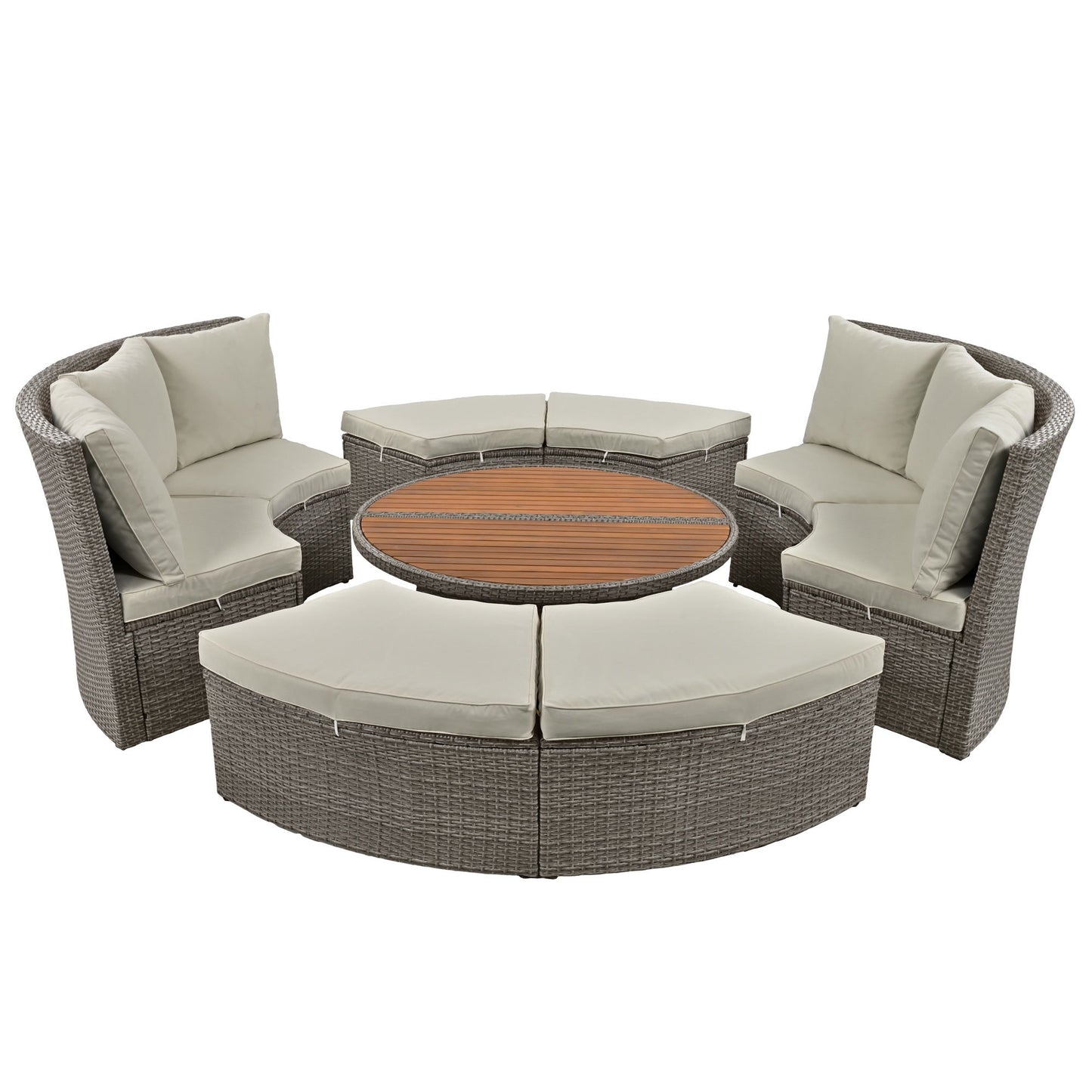 Patio 5-Piece Round Rattan Sectional Sofa Set All-Weather PE Wicker Sunbed Daybed with Round Liftable Table and Washable Cushions for Outdoor Backyard Poolside - Divine Heart L.A.