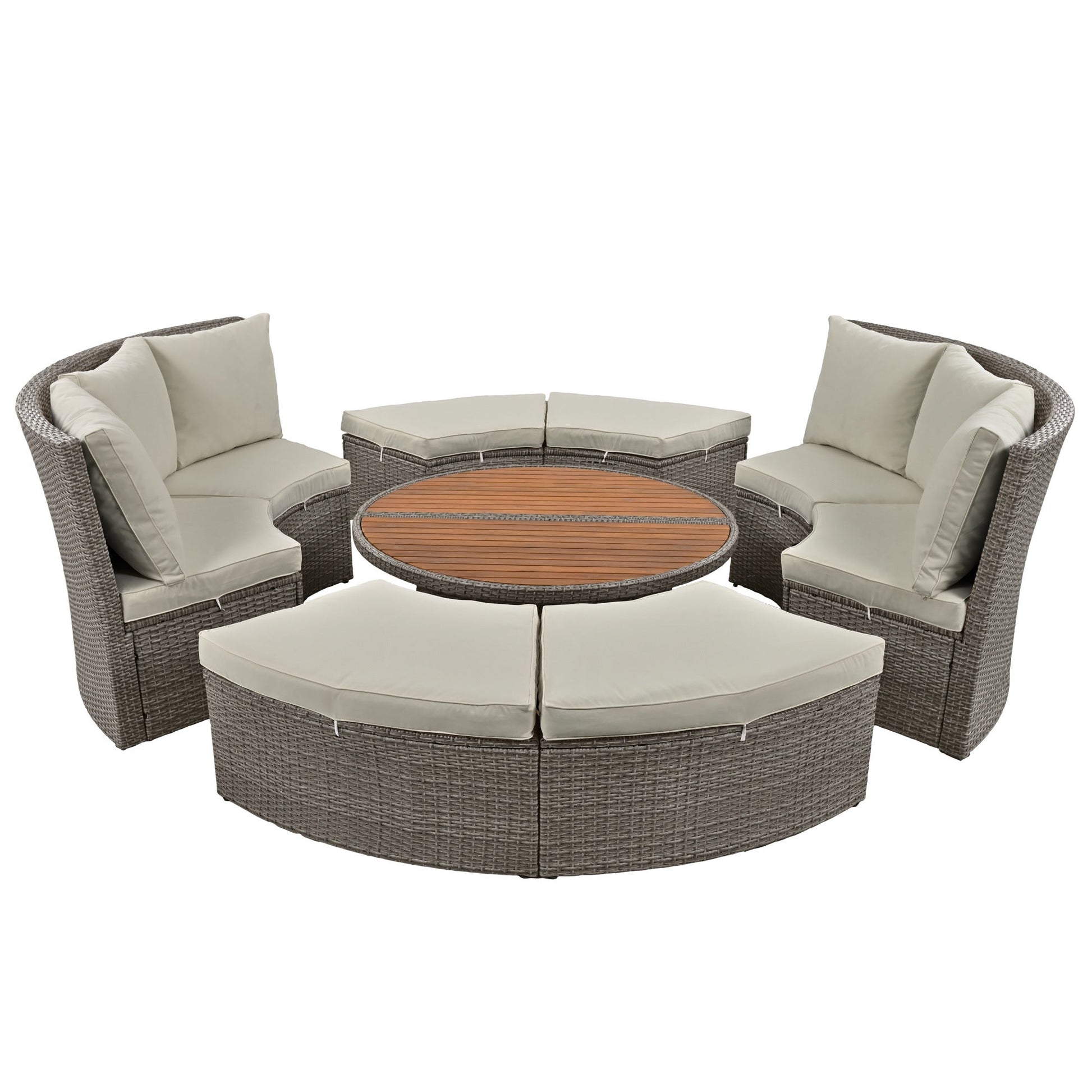 Patio 5-Piece Round Rattan Sectional Sofa Set All-Weather PE Wicker Sunbed Daybed with Round Liftable Table and Washable Cushions for Outdoor Backyard Poolside - Divine Heart L.A.