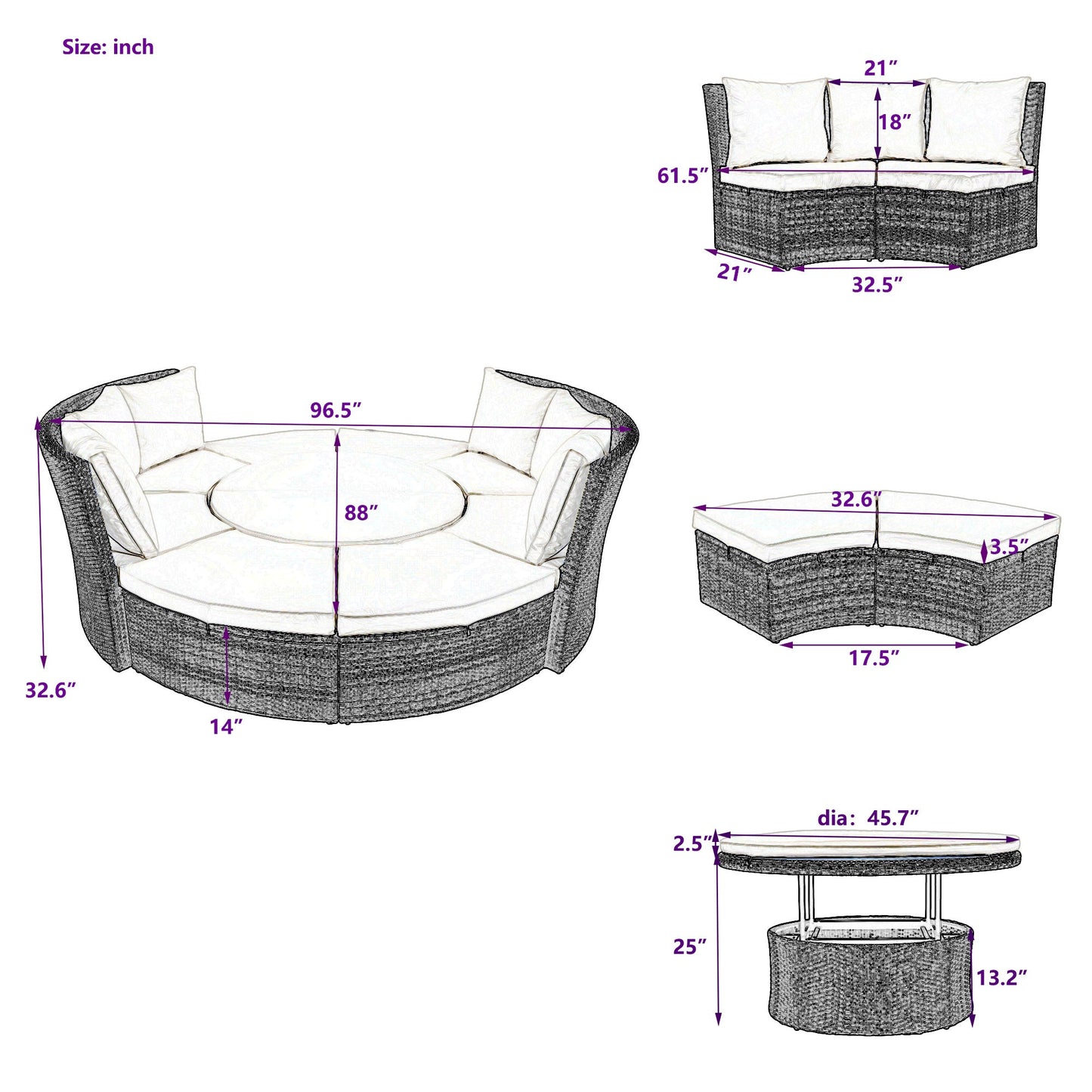 Patio 5-Piece Round Rattan Sectional Sofa Set All-Weather PE Wicker Sunbed Daybed with Round Liftable Table and Washable Cushions for Outdoor Backyard Poolside - Divine Heart L.A.