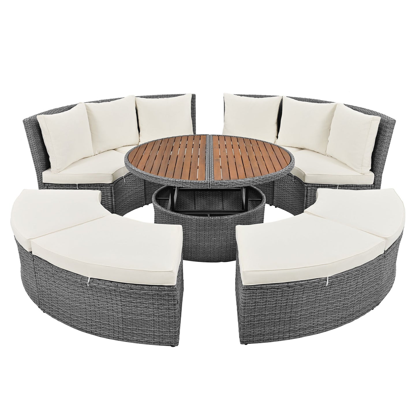 Patio 5-Piece Round Rattan Sectional Sofa Set All-Weather PE Wicker Sunbed Daybed with Round Liftable Table and Washable Cushions for Outdoor Backyard Poolside - Divine Heart L.A.